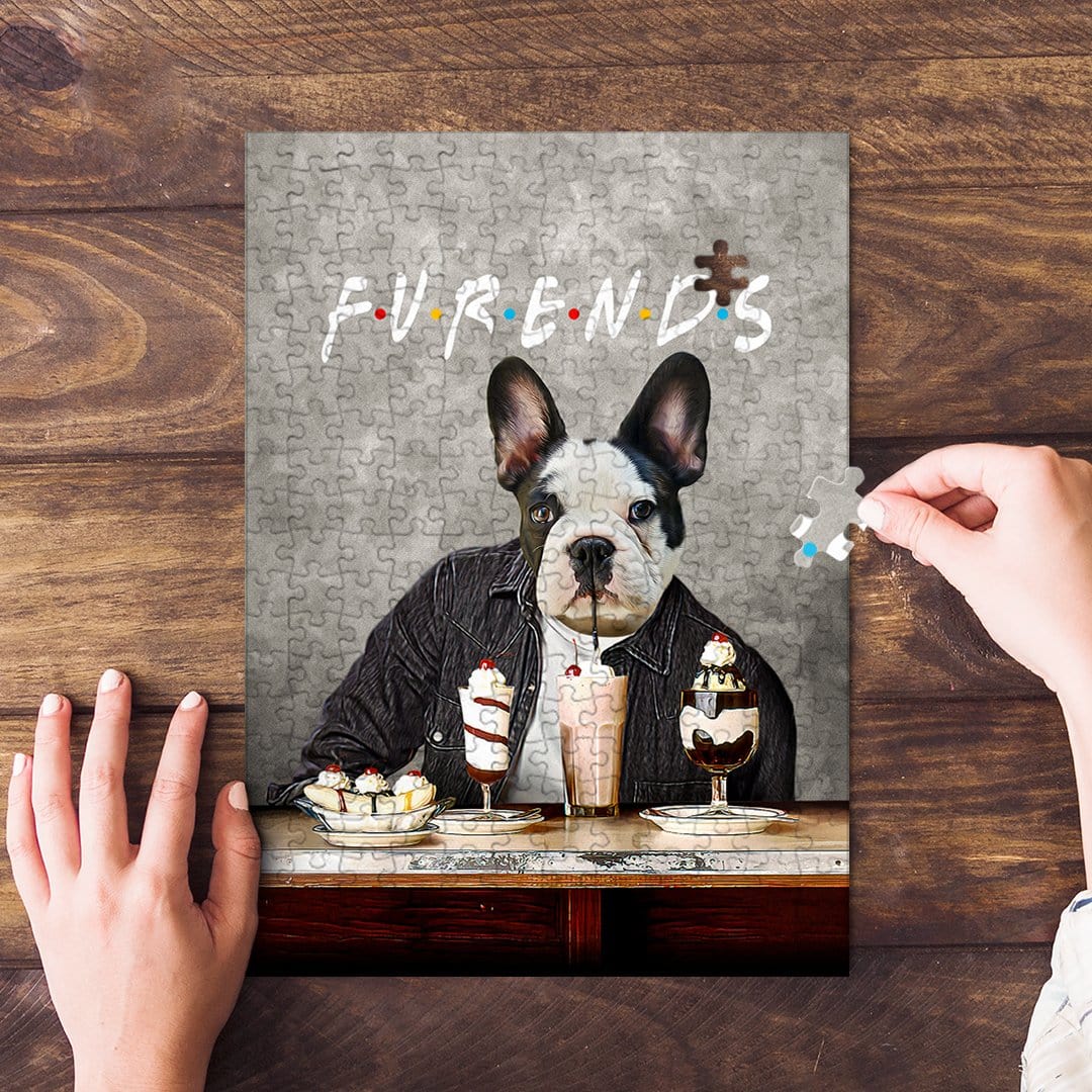 Personalized pet puzzle featuring a French bulldog in a "Furends" style, with a hand placing a piece.