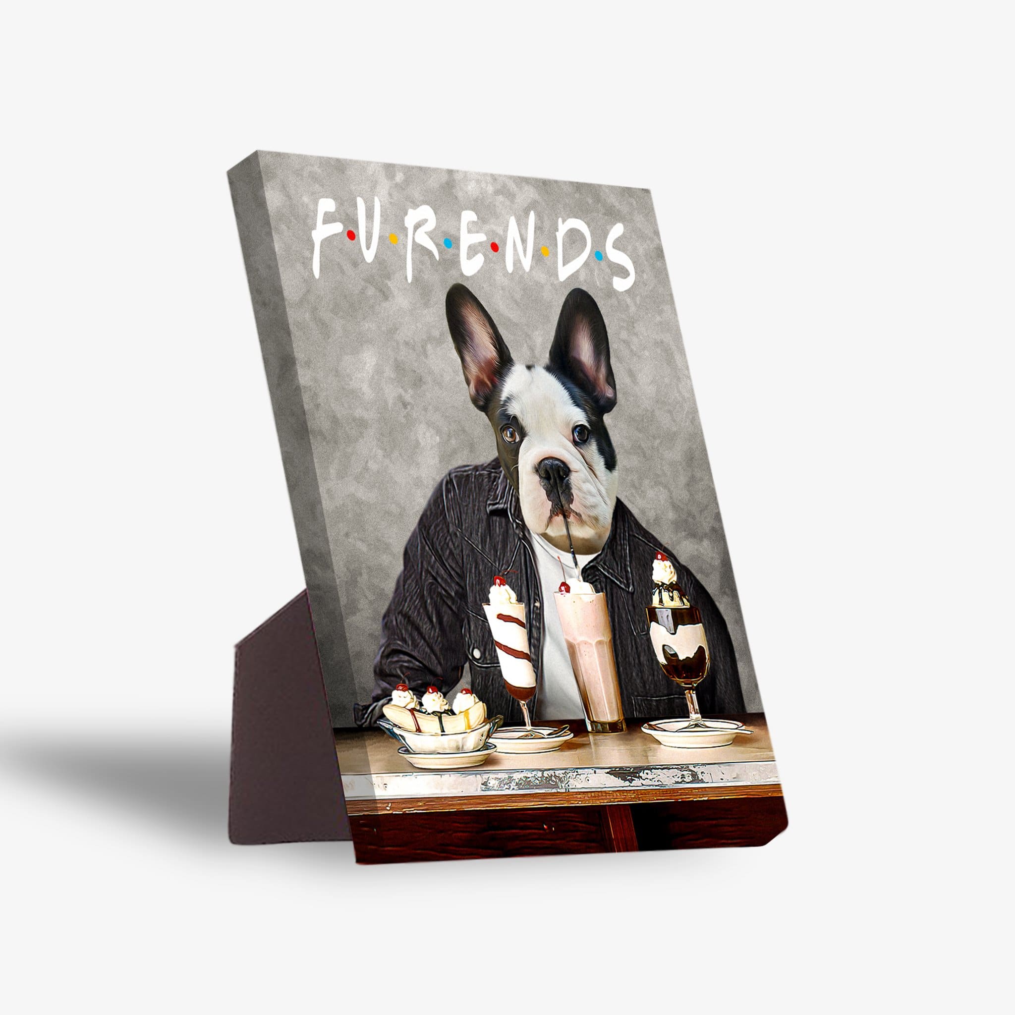 Personalized pet standing canvas featuring a Boston Terrier in a black jacket at a diner with desserts, "Furends" text.