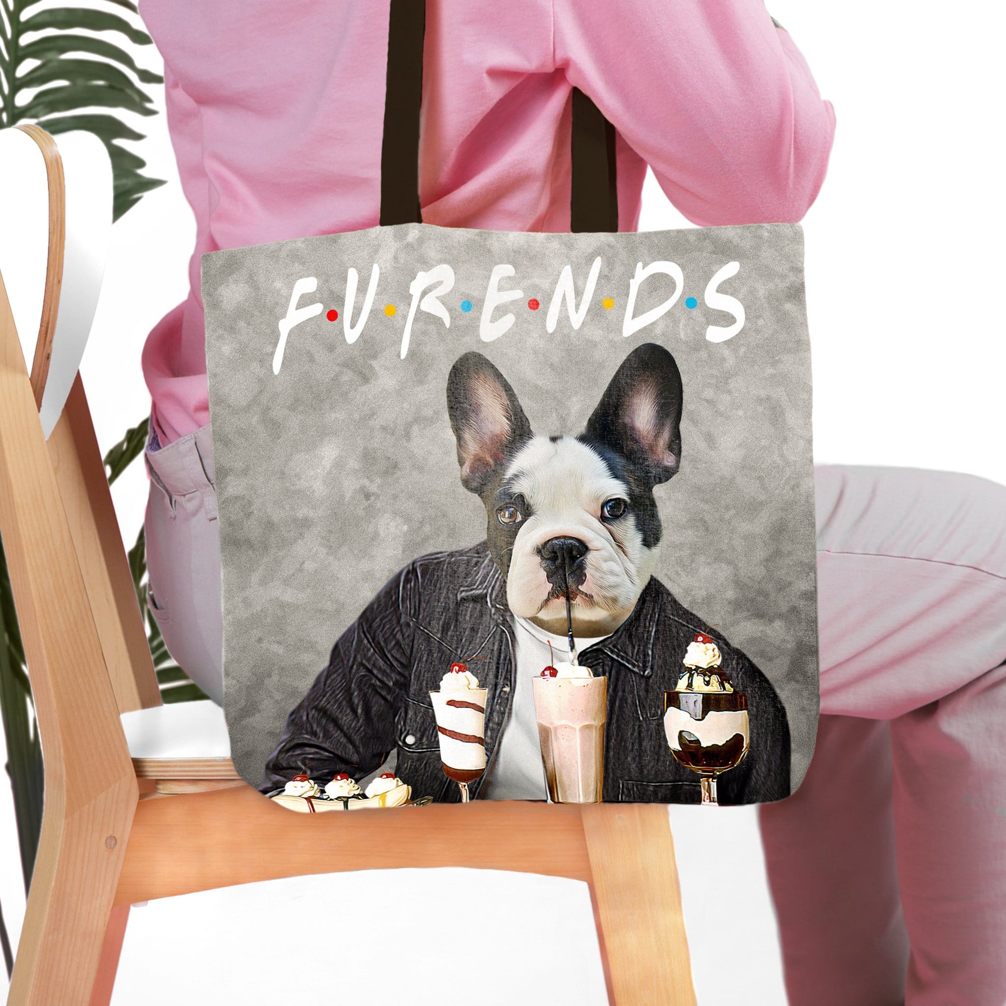 Personalized Furends tote bag with a custom French Bulldog pet portrait in a black jacket.