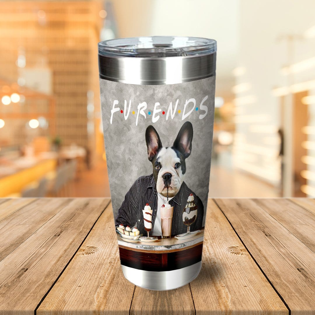 Personalized stainless steel tumbler with a custom cartoon portrait of a French Bulldog in a jacket, sitting at a cafe.