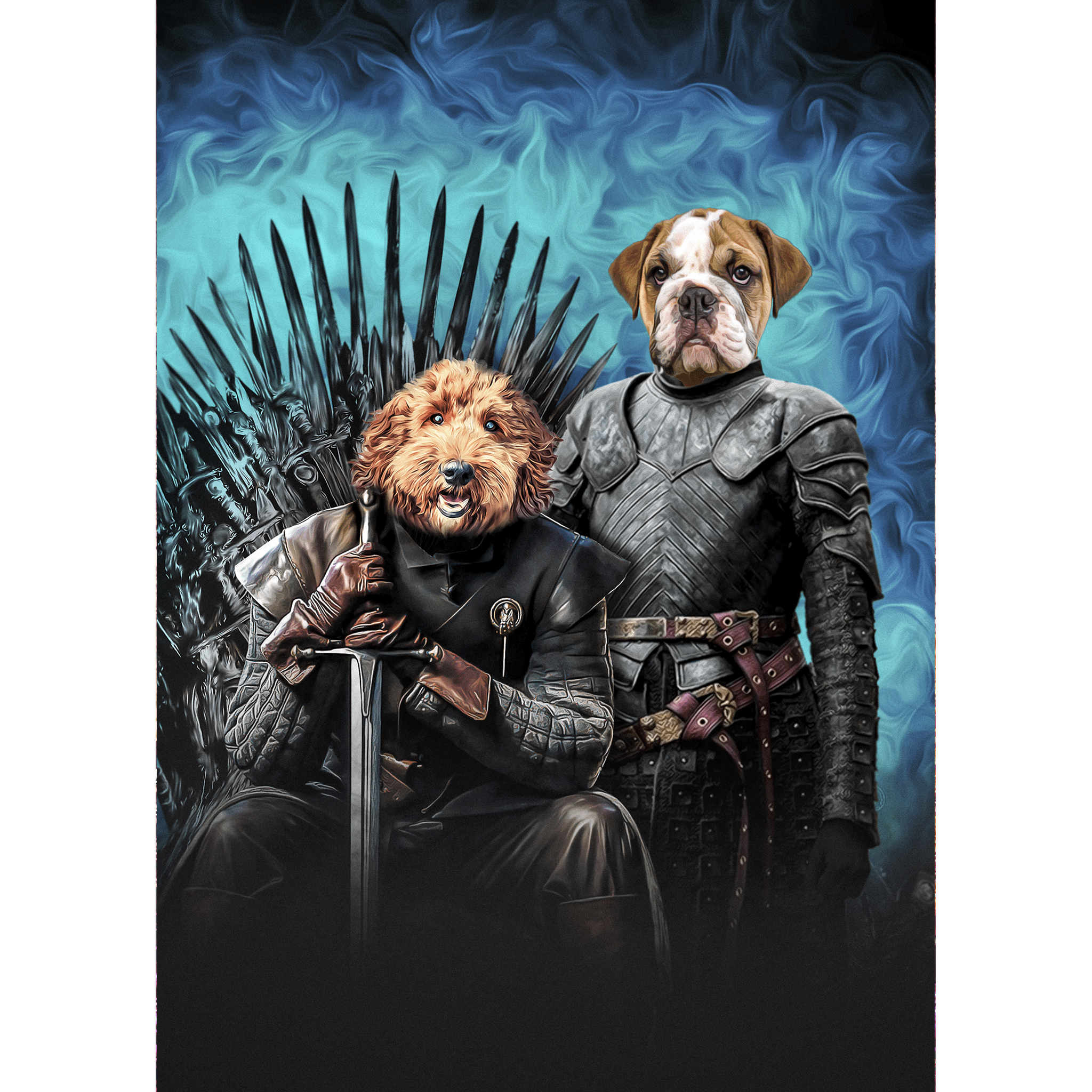 Personalized Game of Bones digital portrait featuring two dogs in medieval fantasy attire.