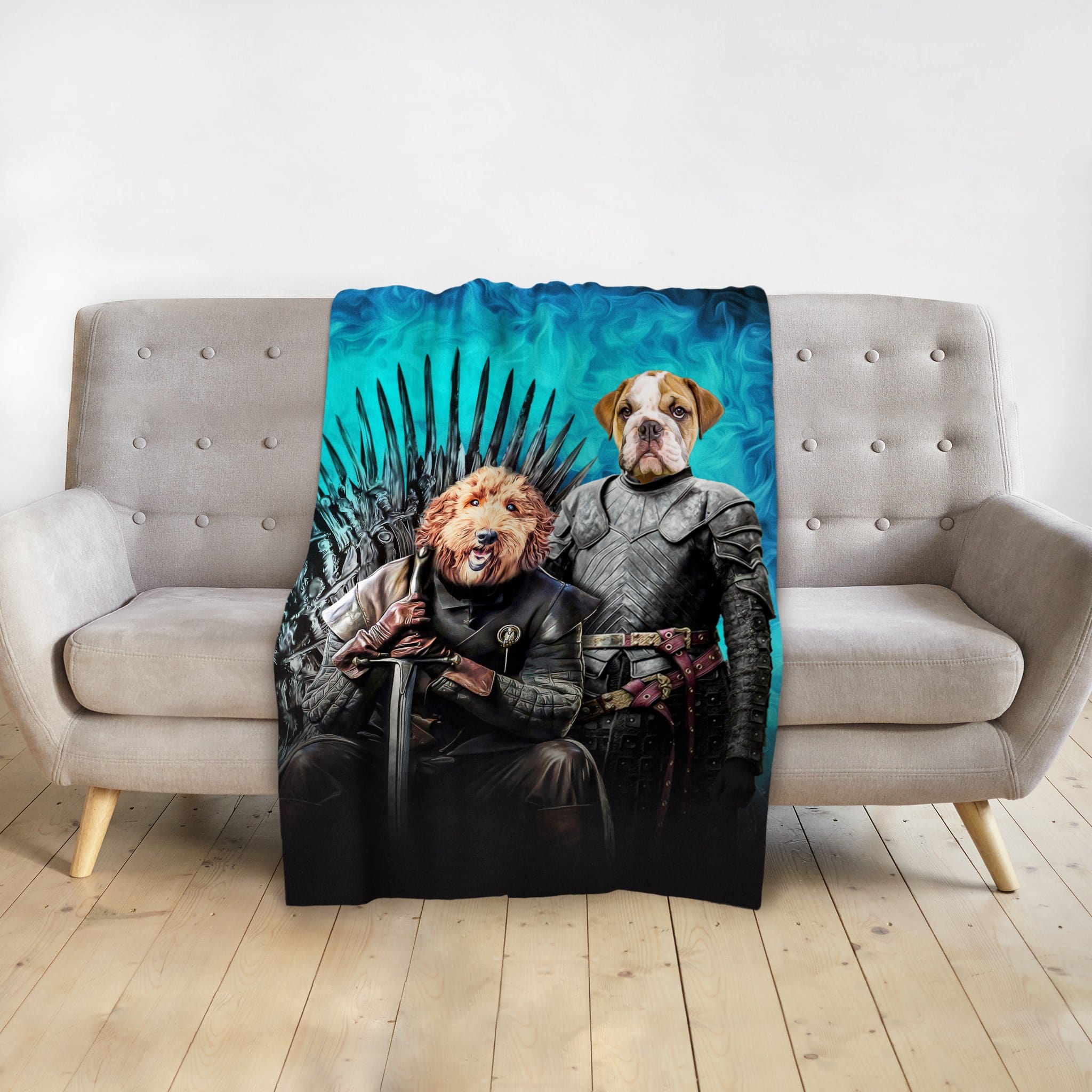 Personalized Game of Bones custom pet portrait blanket featuring two dogs in royal renaissance attire.