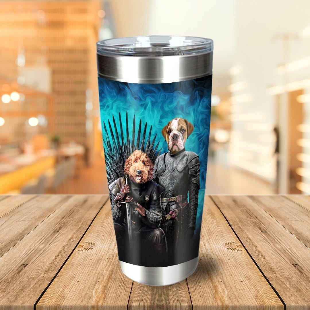 Personalized stainless steel tumbler with two dogs in Game of Thrones-style Viking portraits on a blue background.