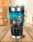 Personalized stainless steel tumbler with two dogs in Game of Thrones-style Viking portraits on a blue background.