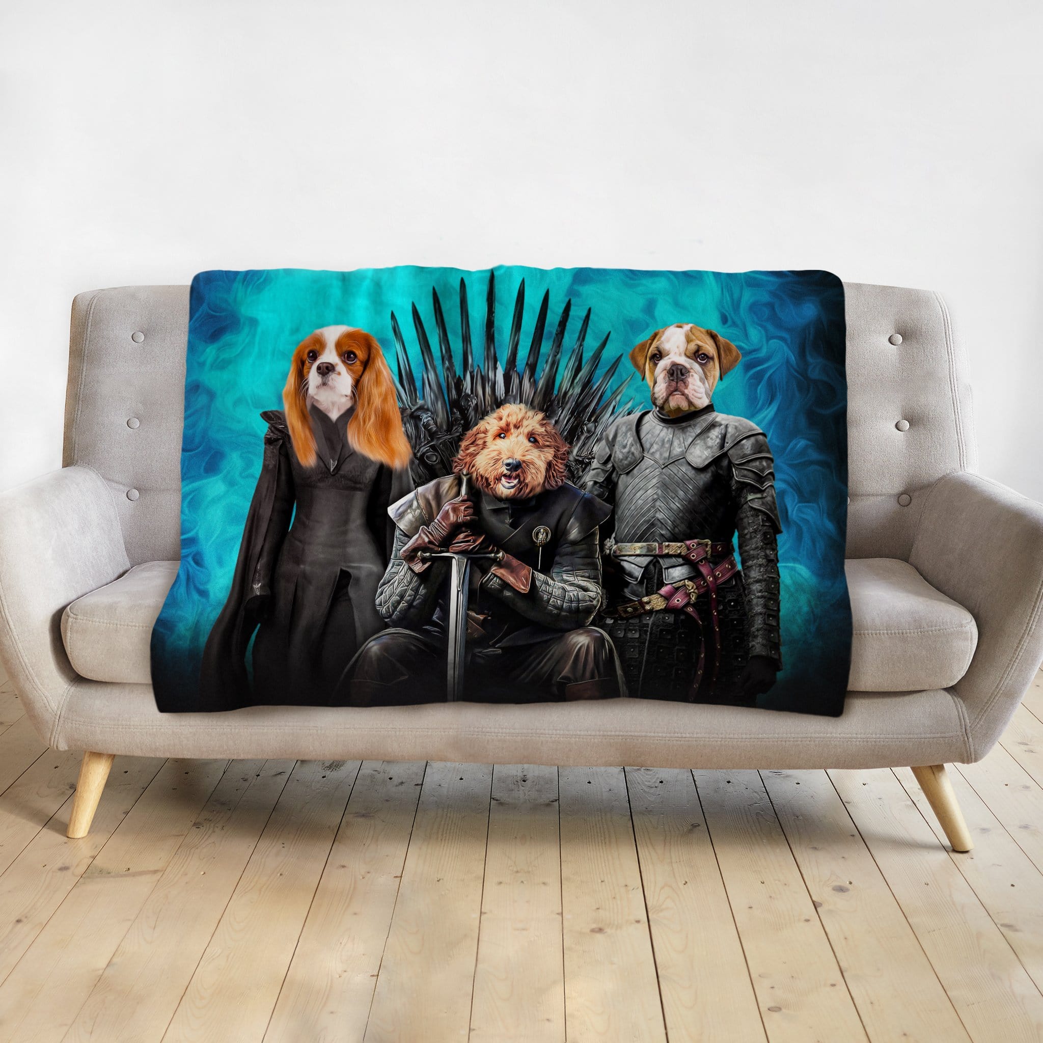 Personalized Game of Bones 3 pet blanket featuring dogs in renaissance royal portraits on a sofa.