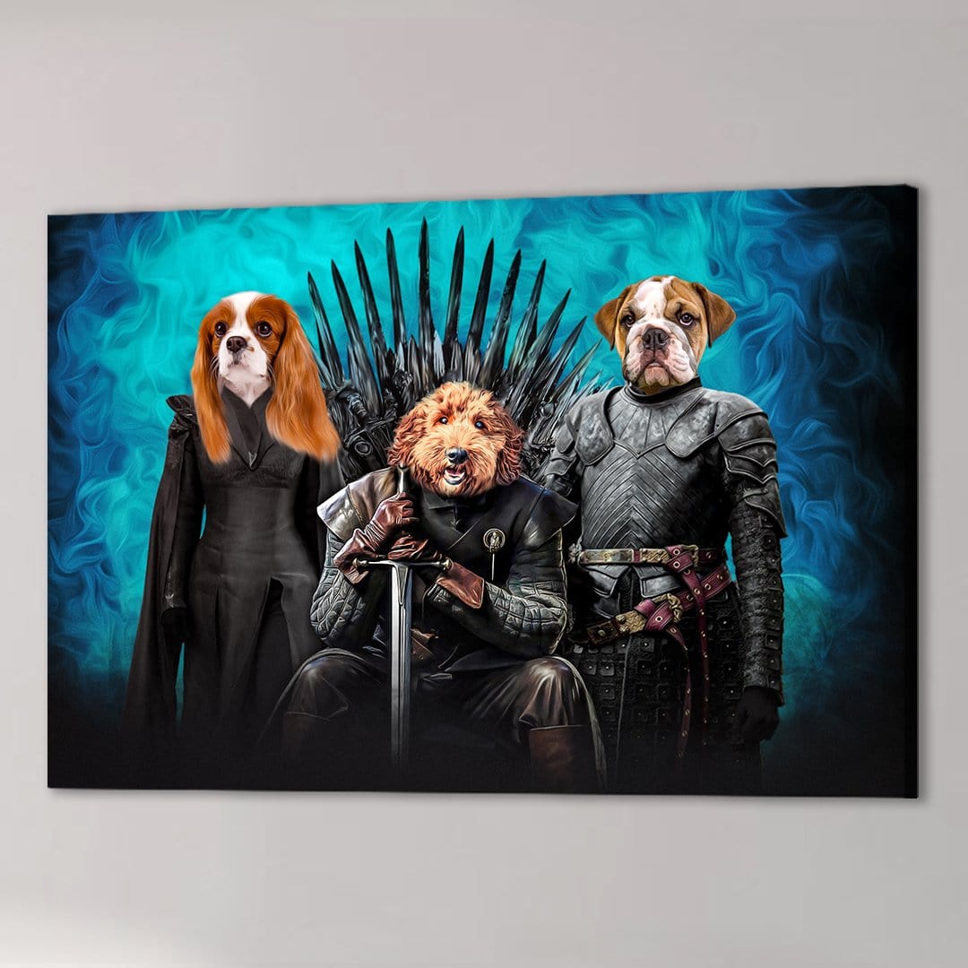 Personalized 'Game of Bones' canvas featuring three pets as medieval characters on a blue background.