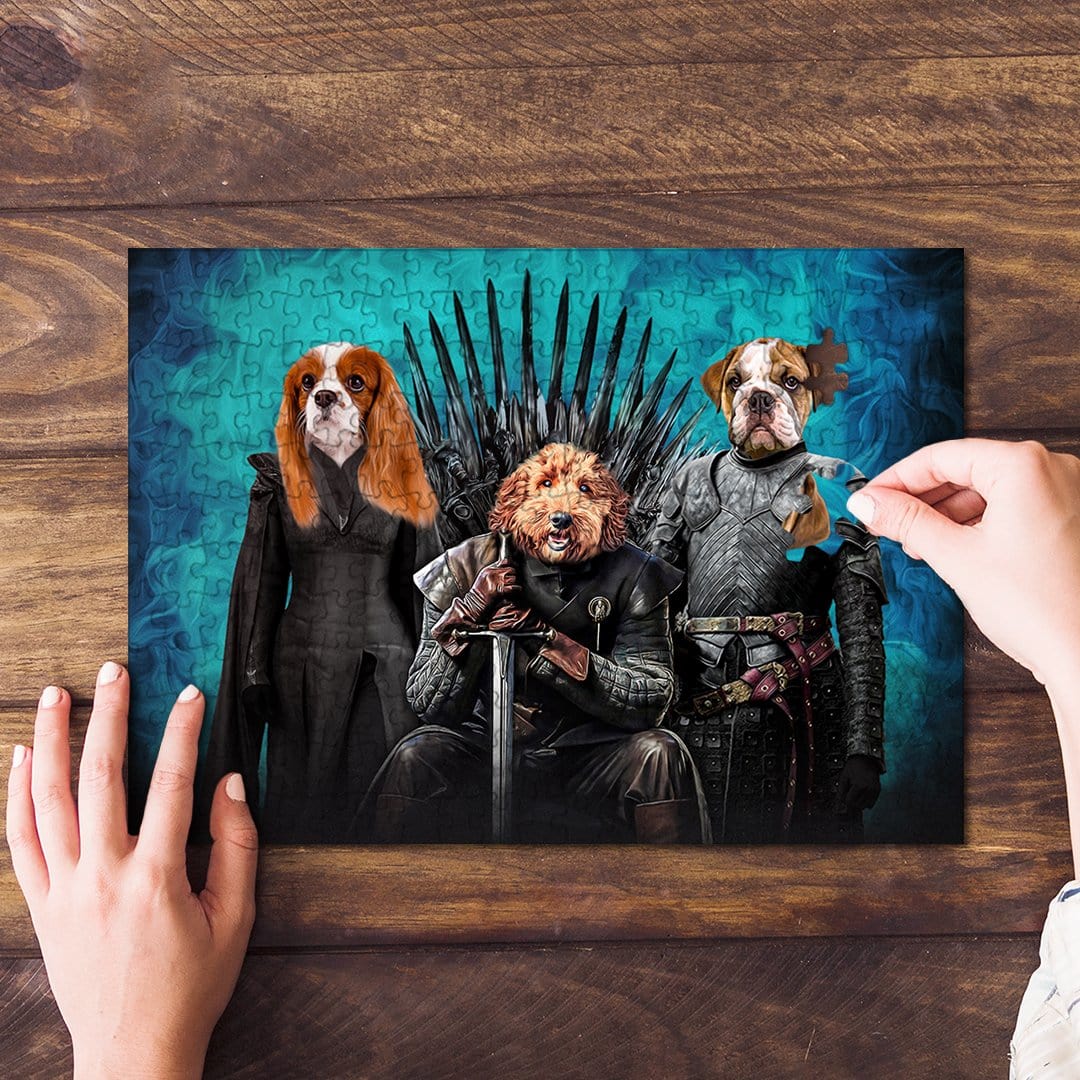 Personalized 3-pet puzzle featuring dogs in Game of Thrones-style royal costumes.