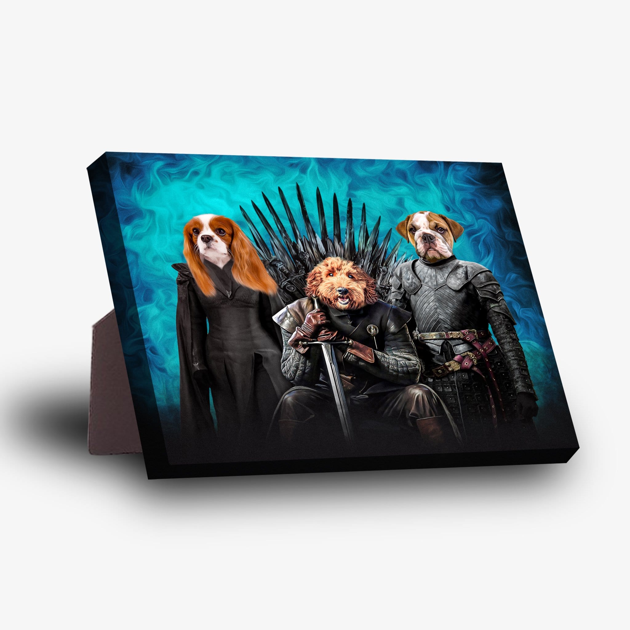 Personalized 'Game of Bones' standing canvas featuring three pets in medieval costumes on a blue background.