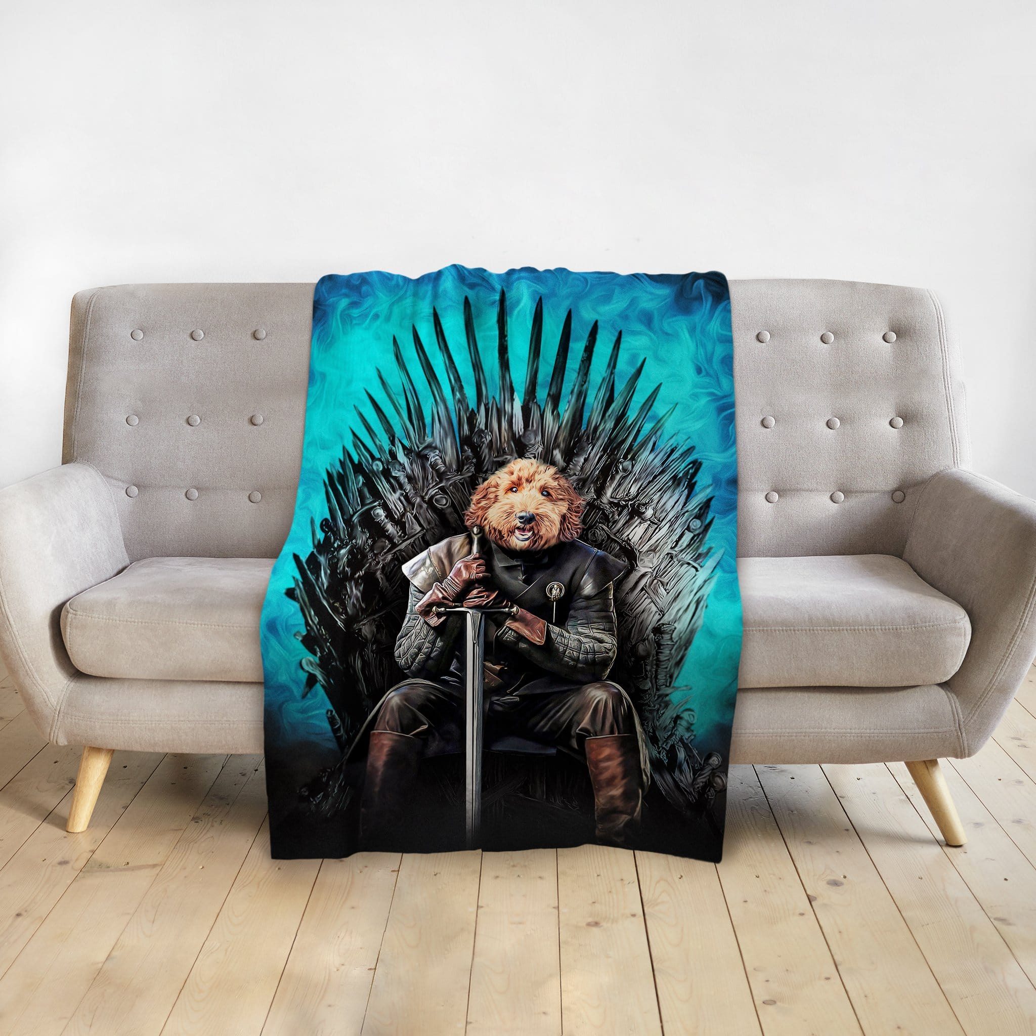 Personalized pet blanket with a dog in a royal renaissance portrait on the Iron Throne.
