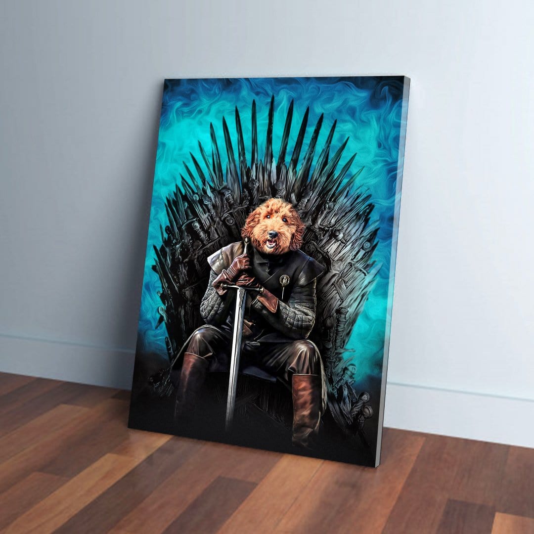 Personalized 'Game of Bones' canvas featuring a dog in armor on an iron throne with blue background.
