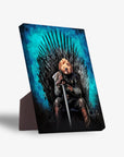 Personalized 'Game of Bones' pet portrait on a standing canvas, featuring a dog on an iron throne.
