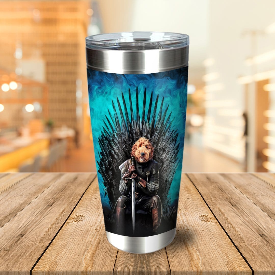 Personalized stainless steel tumbler with a dog in a Game of Thrones-style portrait on an Iron Throne.