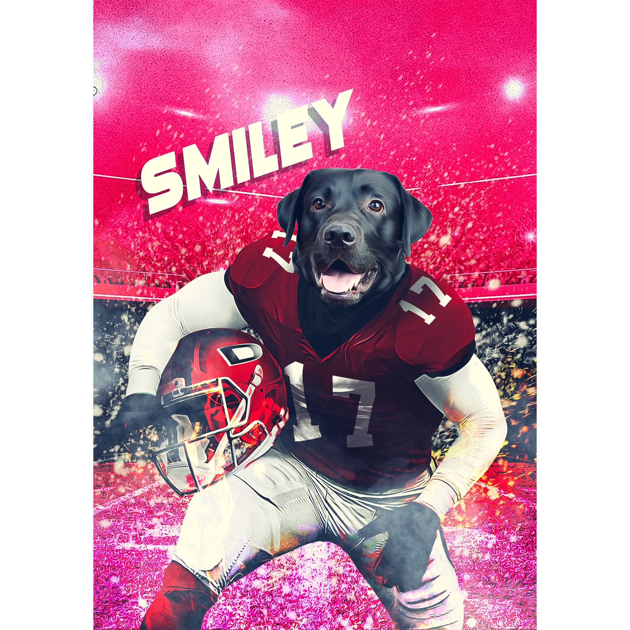 Personalized digital portrait of a black dog in a red football uniform holding a helmet, name "SMILEY" above.