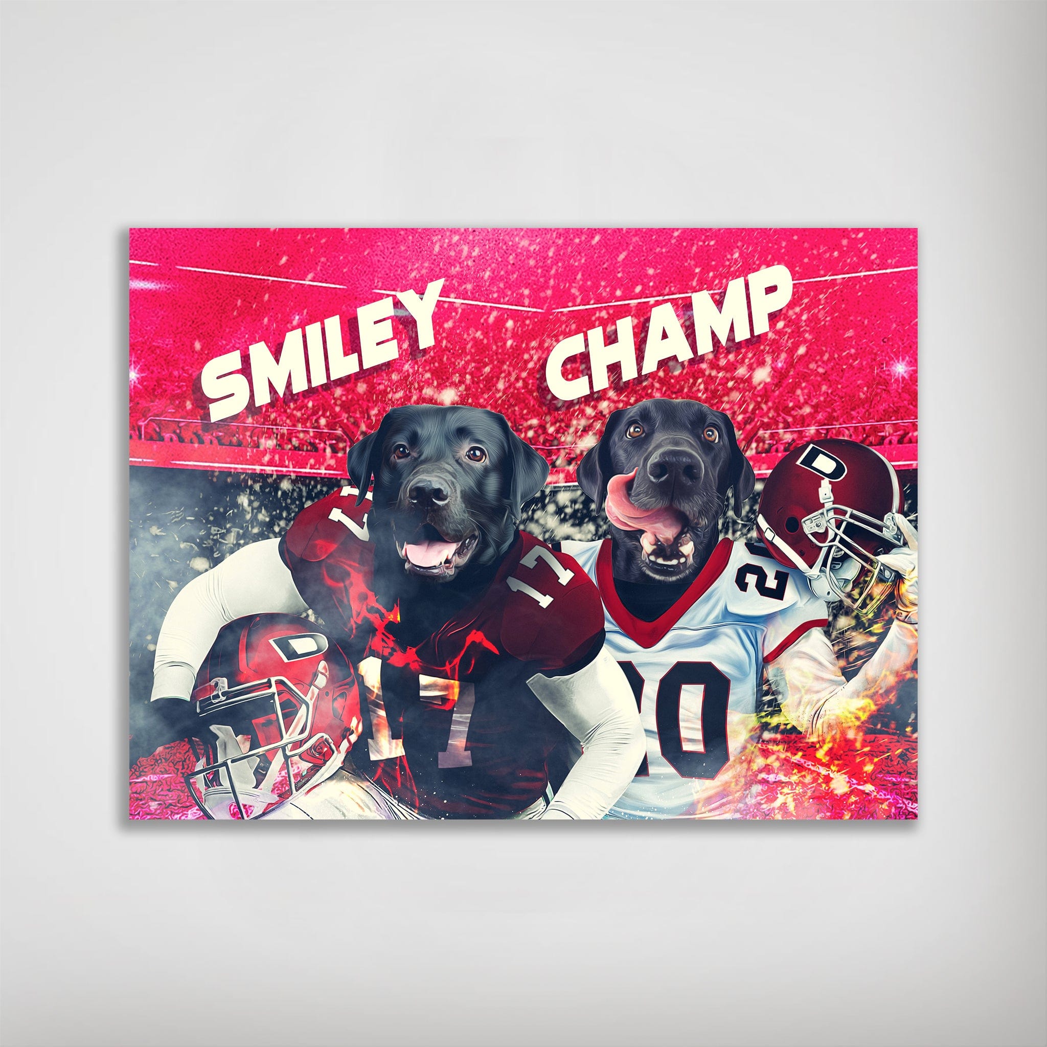 Personalized 'Georgia Doggos' poster featuring two black labs in football jerseys, "Smiley" and "Champ," on a vibrant red stadium background.