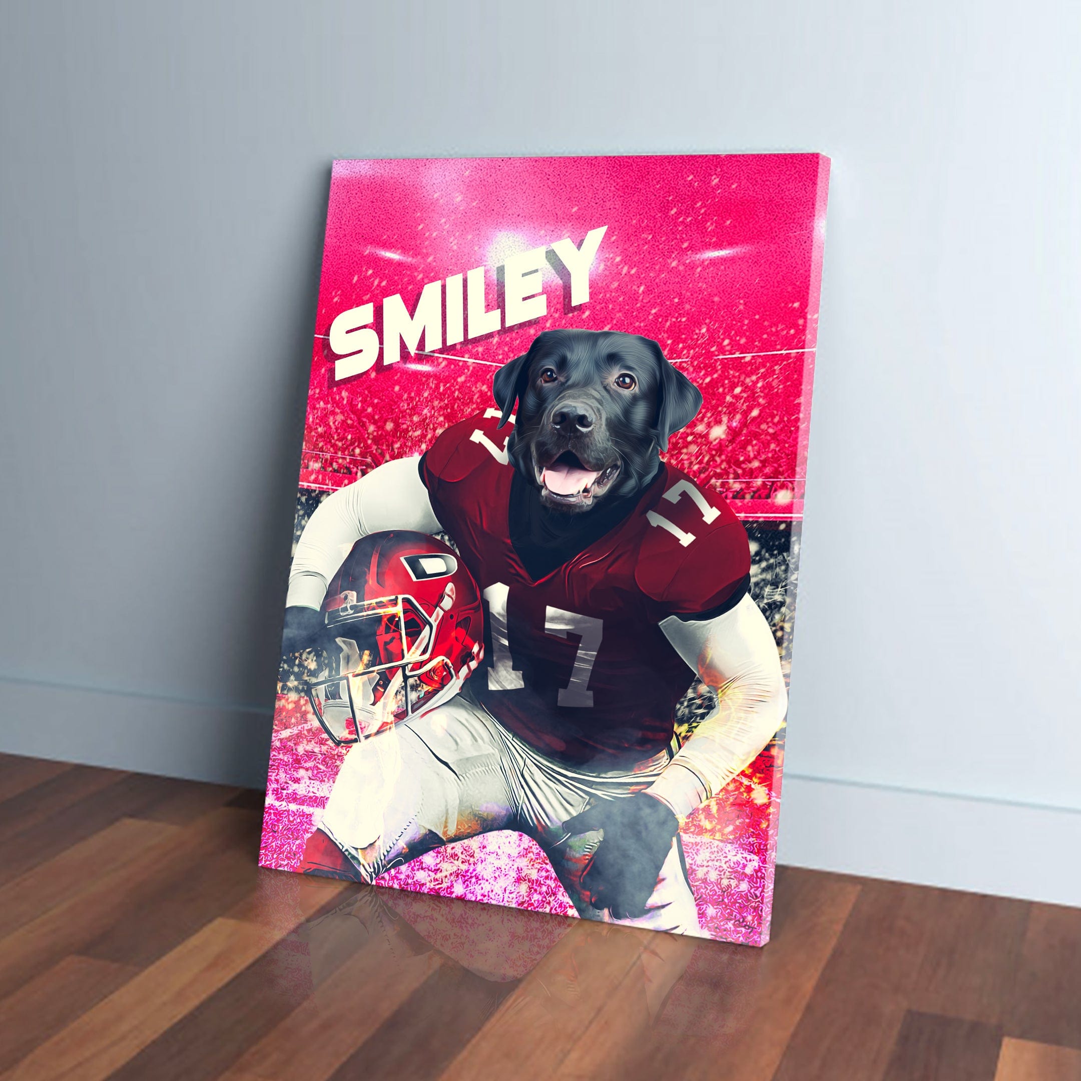 Personalized pet canvas featuring a black dog in a red football uniform, holding a helmet, against a stadium backdrop.