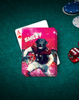 Personalized playing card featuring a black dog in a football uniform on a red stadium background.