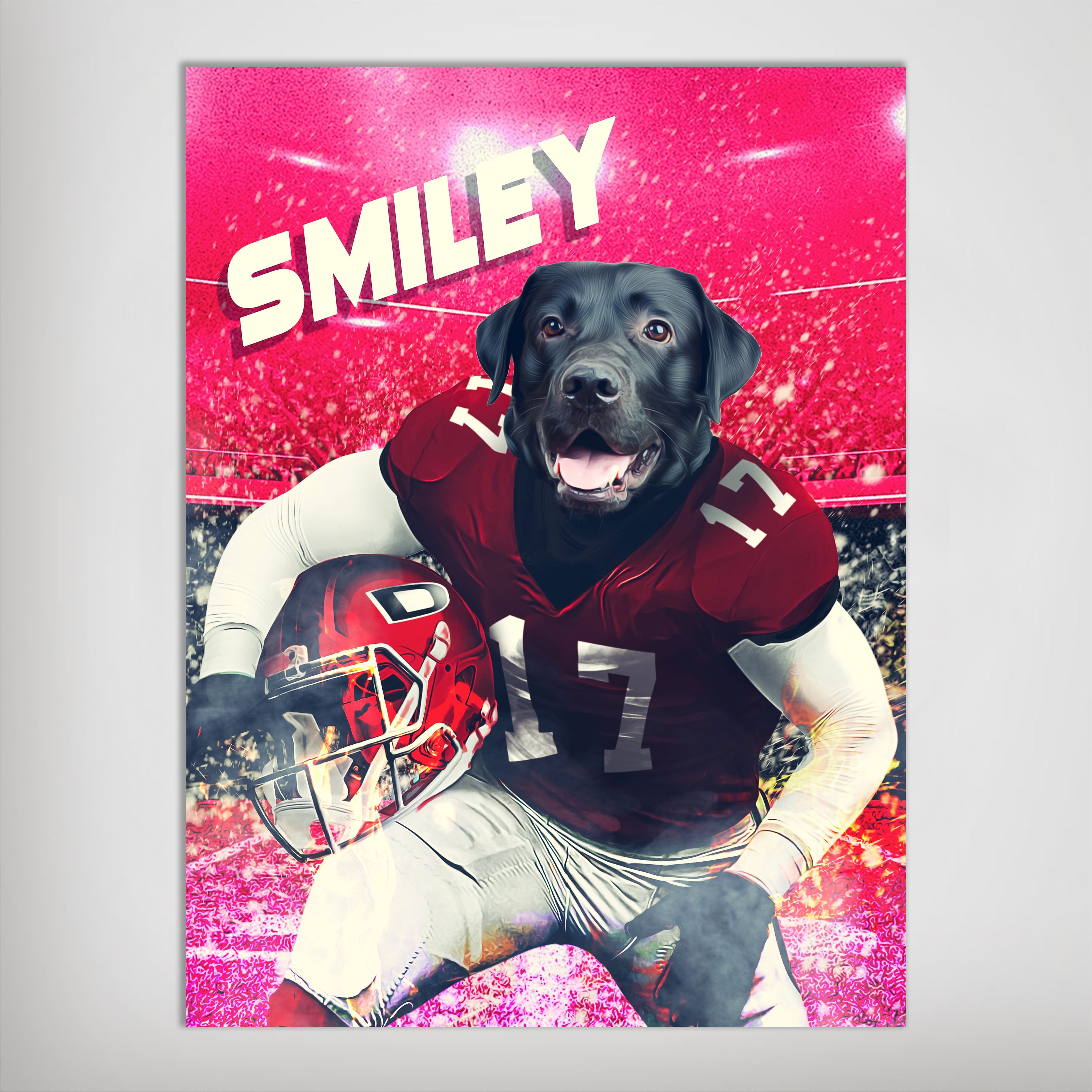 Personalized 'Georgia Doggos' pet poster featuring a black lab in a red football uniform against a stadium background.