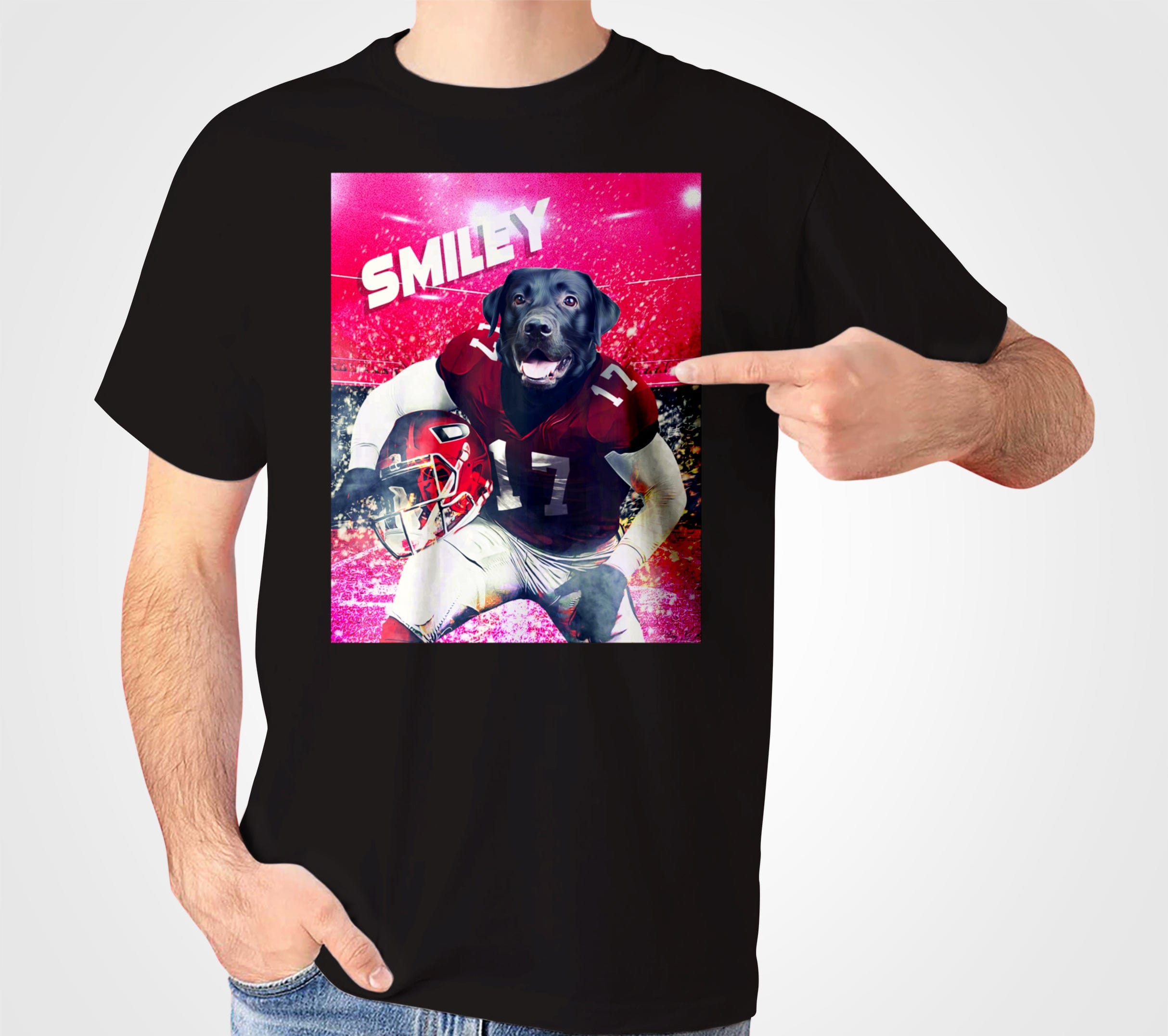 Black personalized pet t-shirt with a black lab in a football uniform and "SMILEY" text.