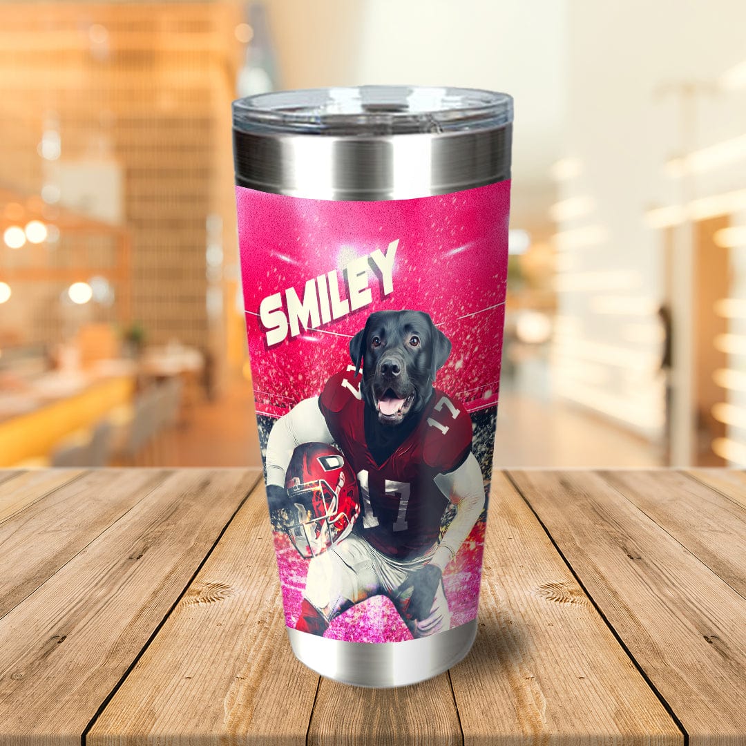 Personalized stainless steel tumbler with a black dog in a football uniform and "SMILEY" text on a pink background.