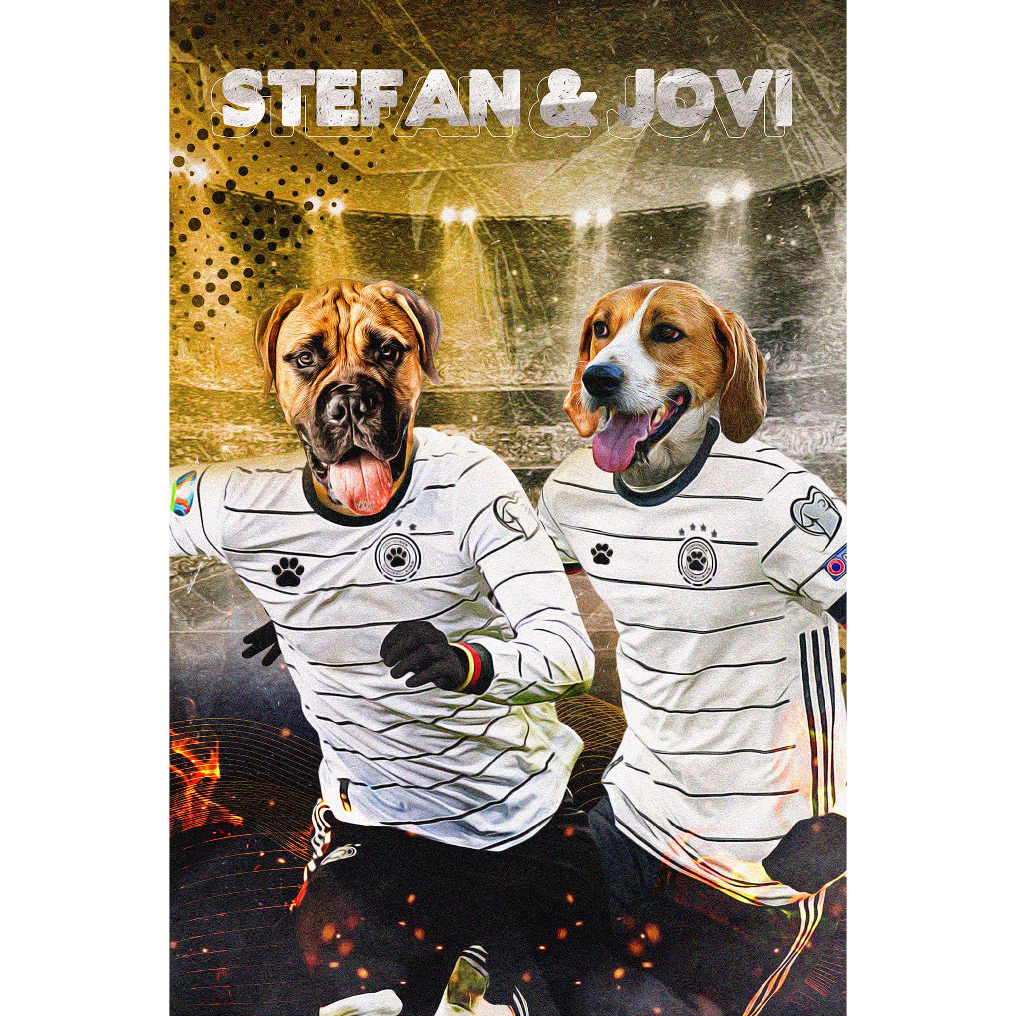 Custom digital portrait of two dogs in Germany soccer jerseys, "Stefan & Jovi" text.