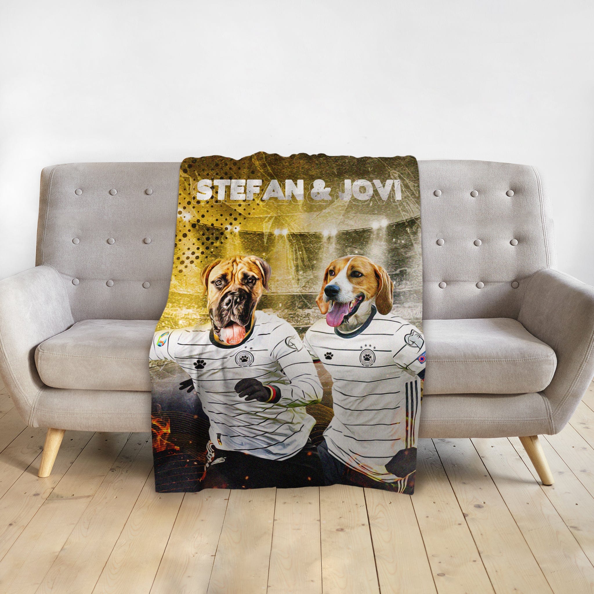 Personalized minky blanket with two dogs in Germany soccer jerseys and names "Stefan &amp; Jovi".
