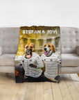 Personalized minky blanket with two dogs in Germany soccer jerseys and names "Stefan & Jovi".