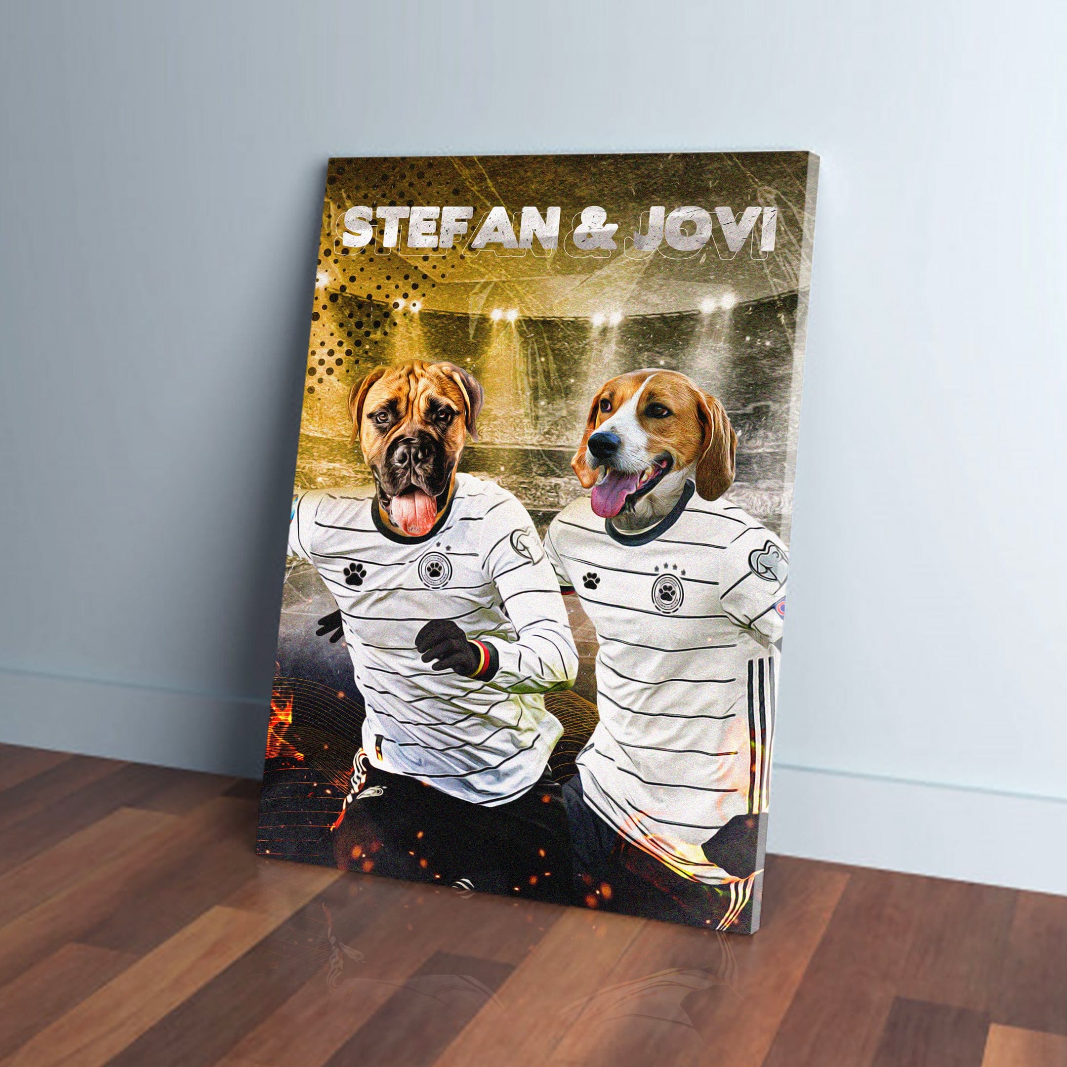Personalized 'Germany Doggos' canvas featuring two dogs in white soccer jerseys with names "STEFAN & JOVI".