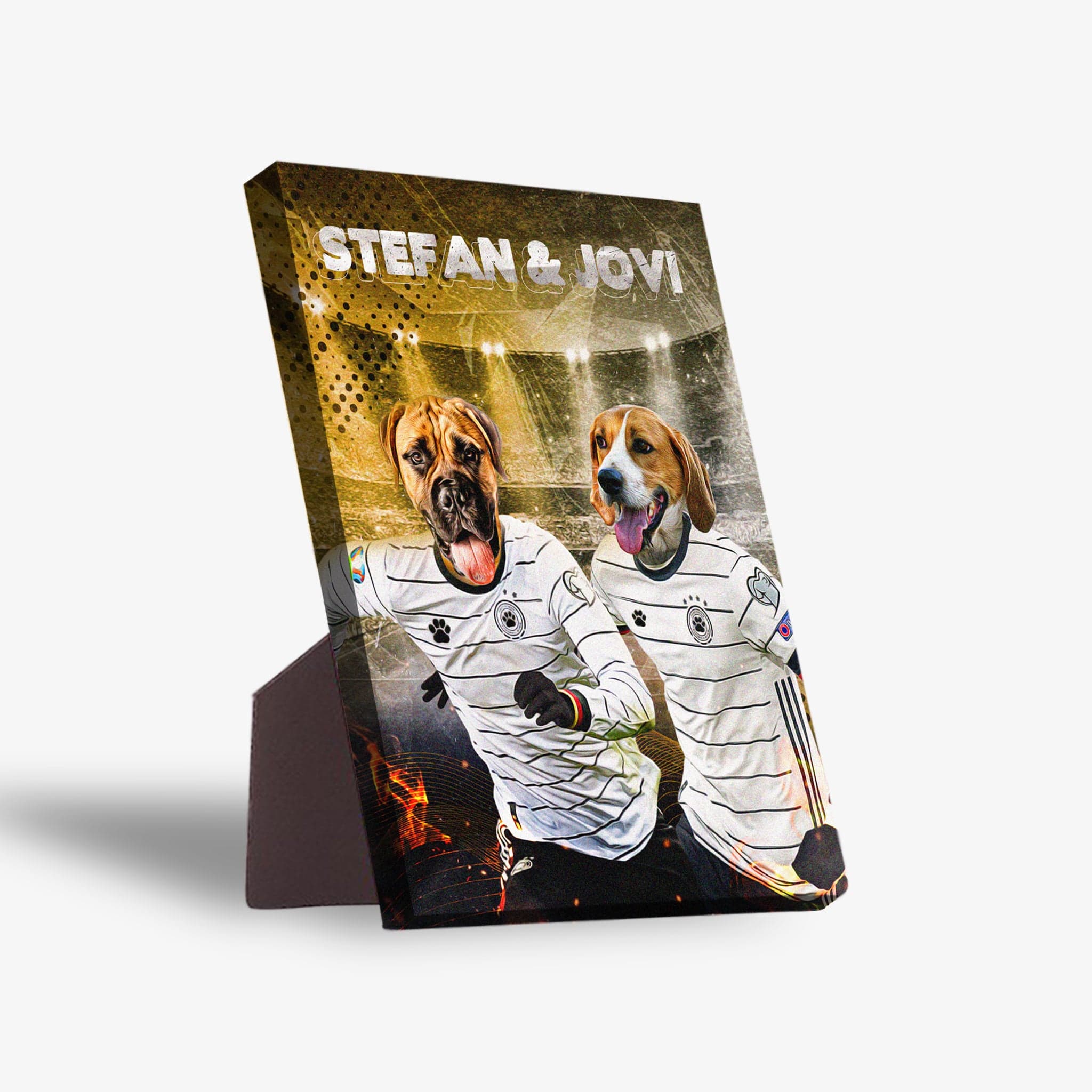 Personalized 'Germany Doggos' standing canvas featuring two pets in soccer jerseys against a stadium backdrop.