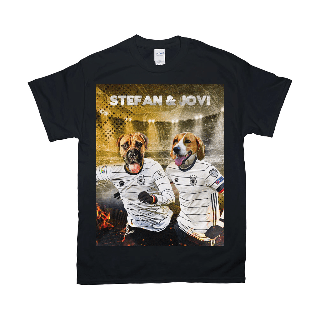Black Gildan t-shirt with a custom graphic of two dogs in German soccer jerseys, "Stefan & Jovi" above.