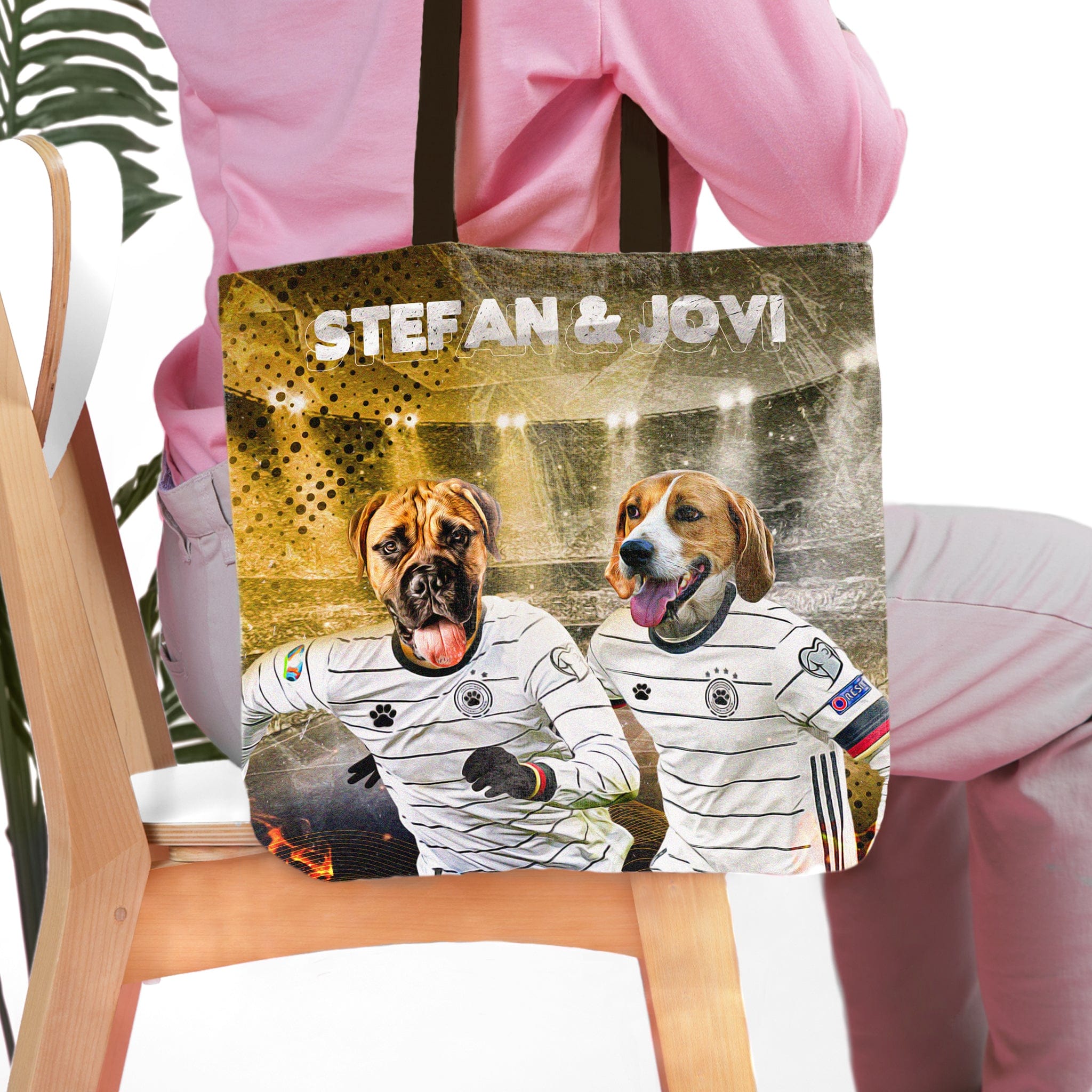Personalized Germany Doggos tote bag with two custom pet portraits in soccer jerseys.