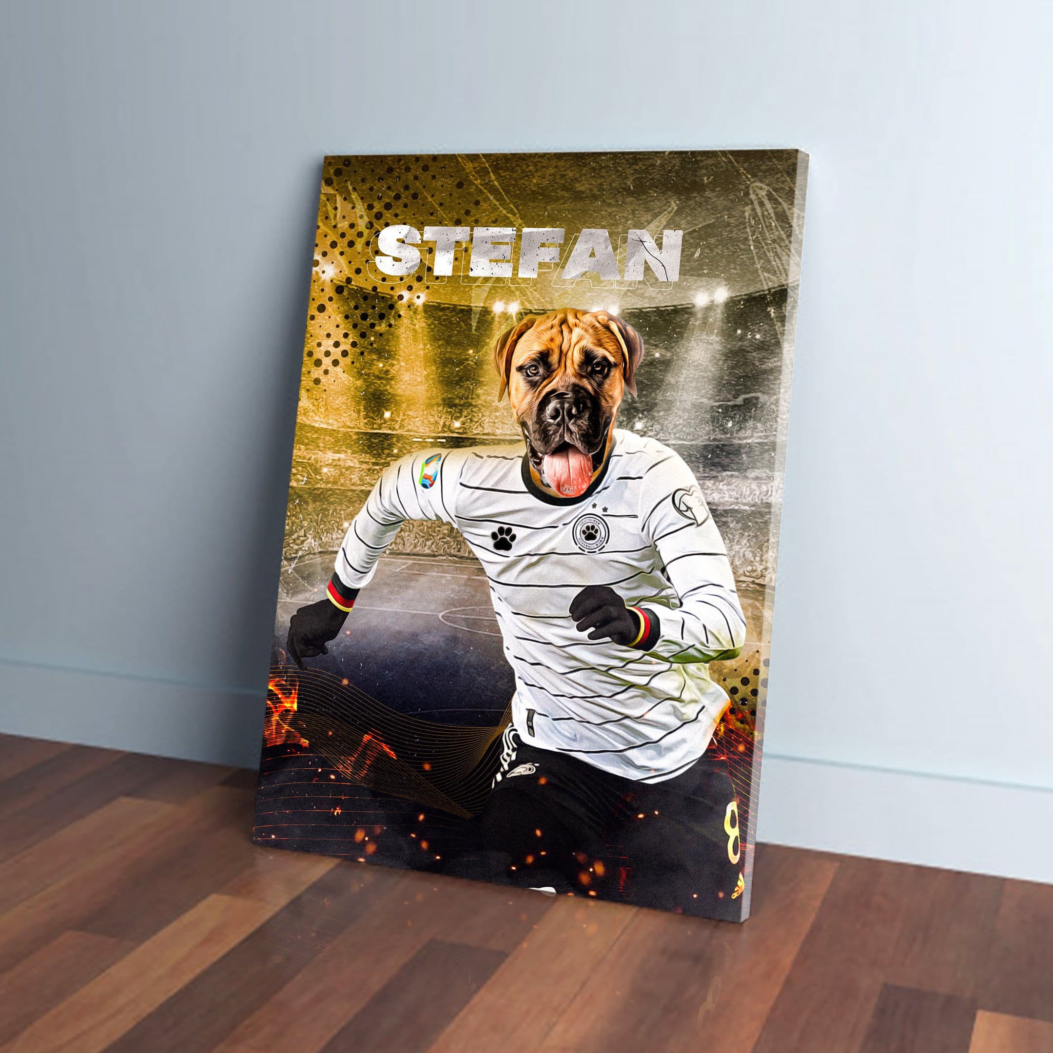 Custom pet canvas featuring a Boxer dog in a white German soccer jersey, running on a field.