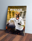 Custom pet canvas featuring a Boxer dog in a white German soccer jersey, running on a field.
