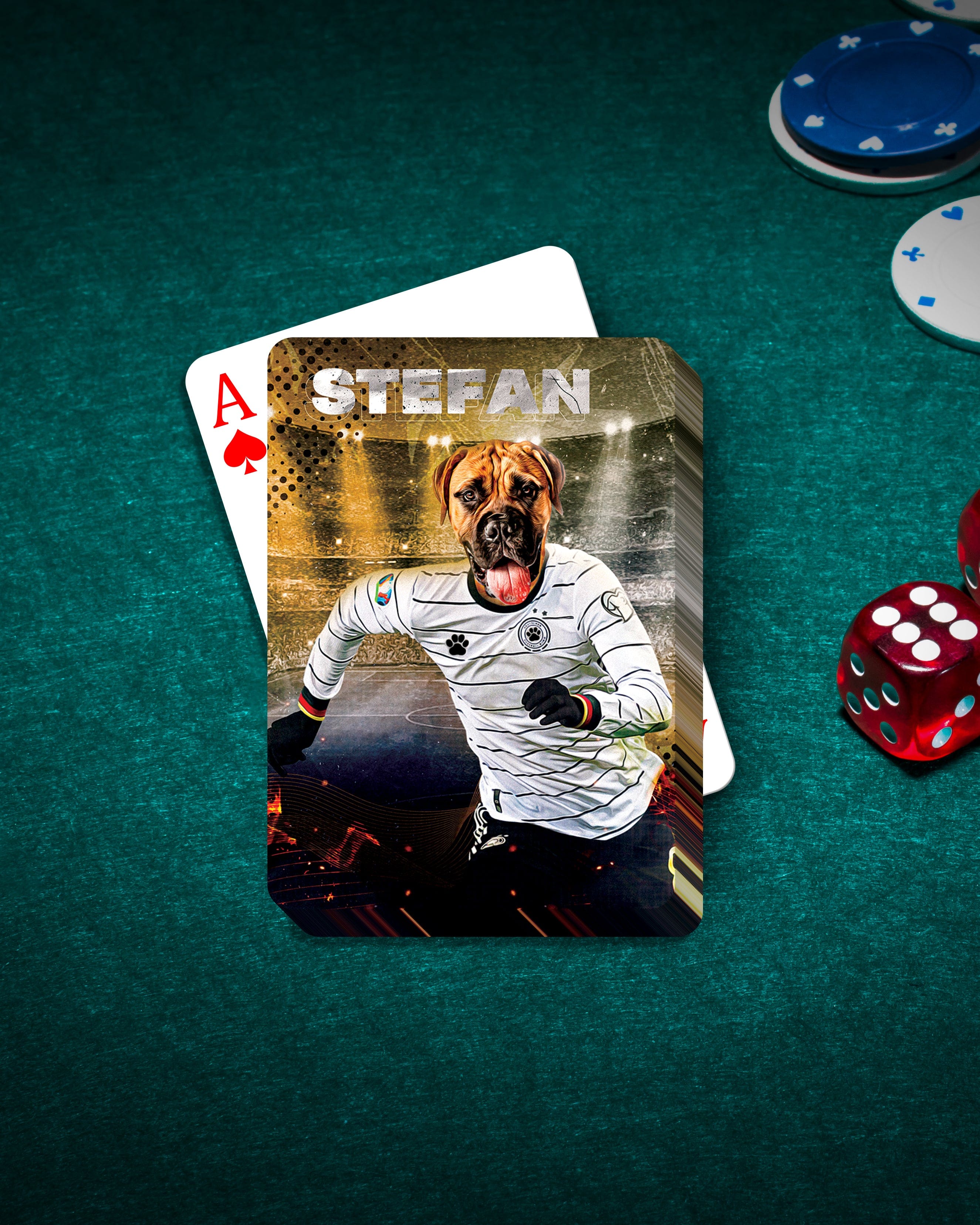 Custom personalized playing card featuring a dog in a Germany soccer jersey, with poker chips and dice.