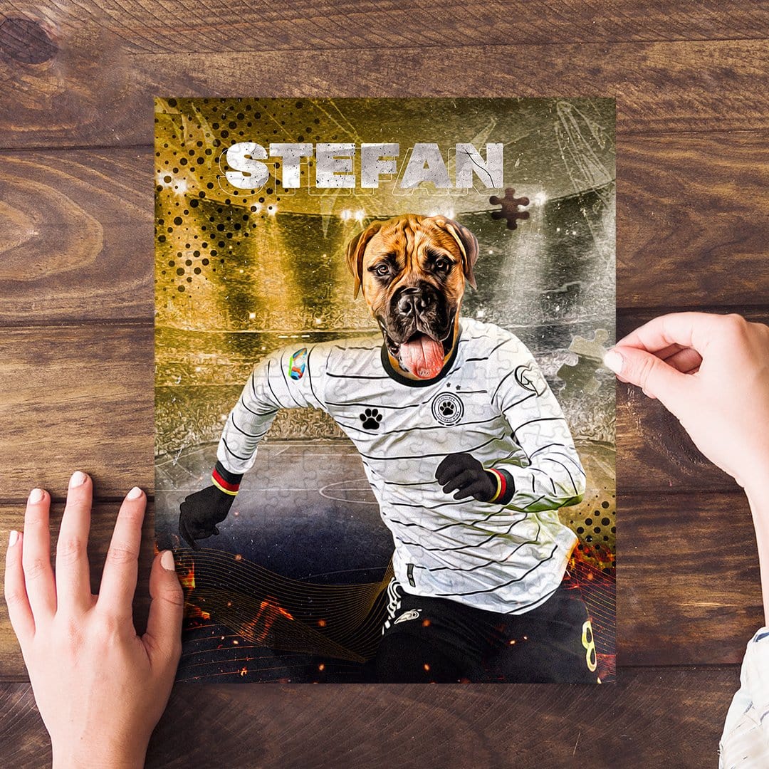 Personalized custom pet puzzle featuring a dog in a Germany soccer uniform with "STEFAN" text.