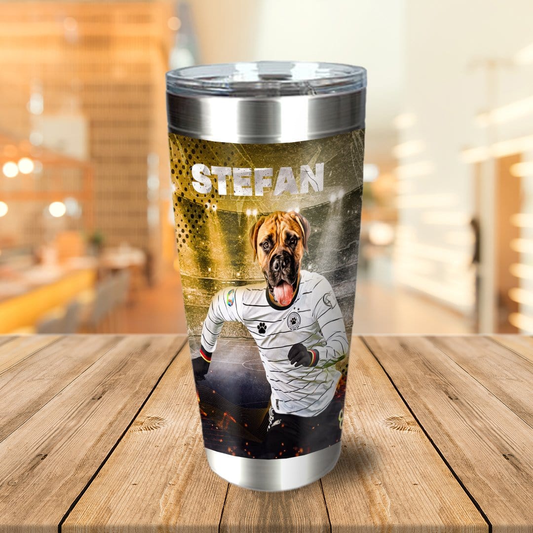 Personalized stainless steel tumbler with a dog in a Germany soccer uniform and "STEFAN" text.