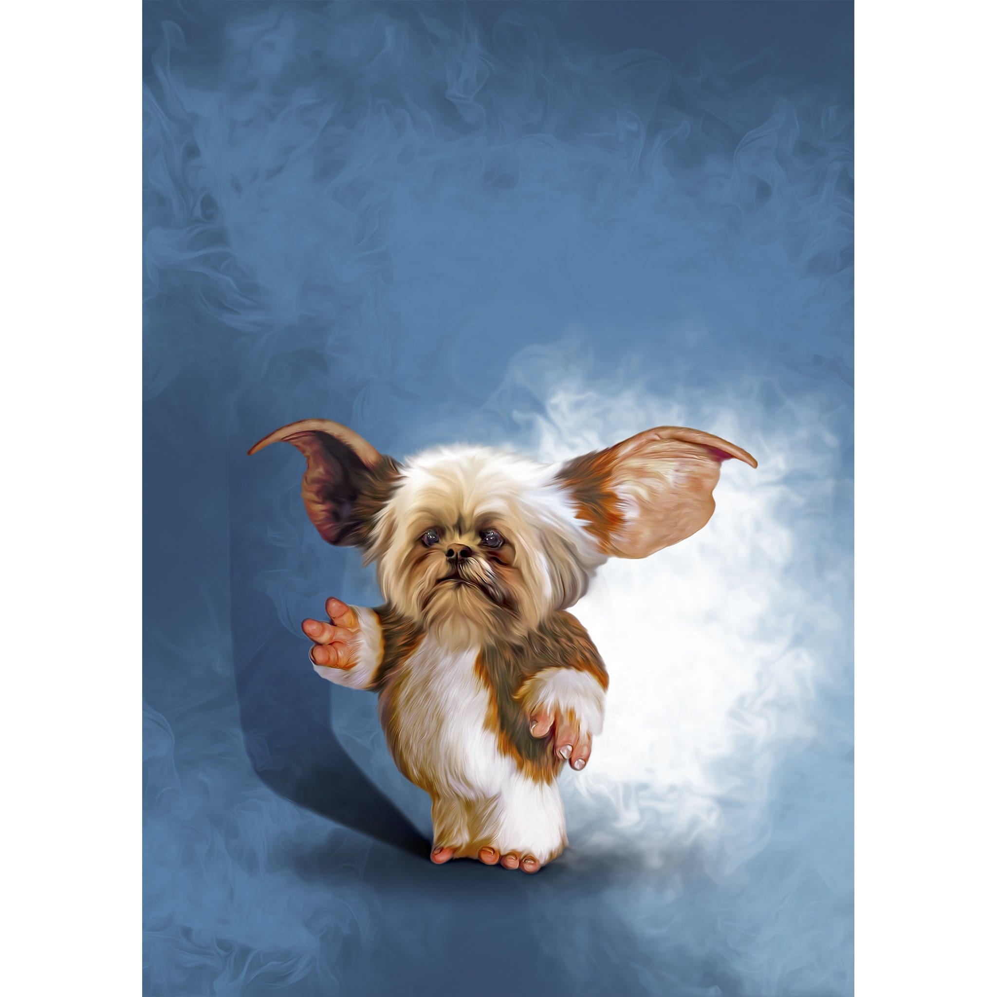 Personalized digital portrait of a Shih Tzu dog in a Gizmo-inspired cartoon style on a blue background.
