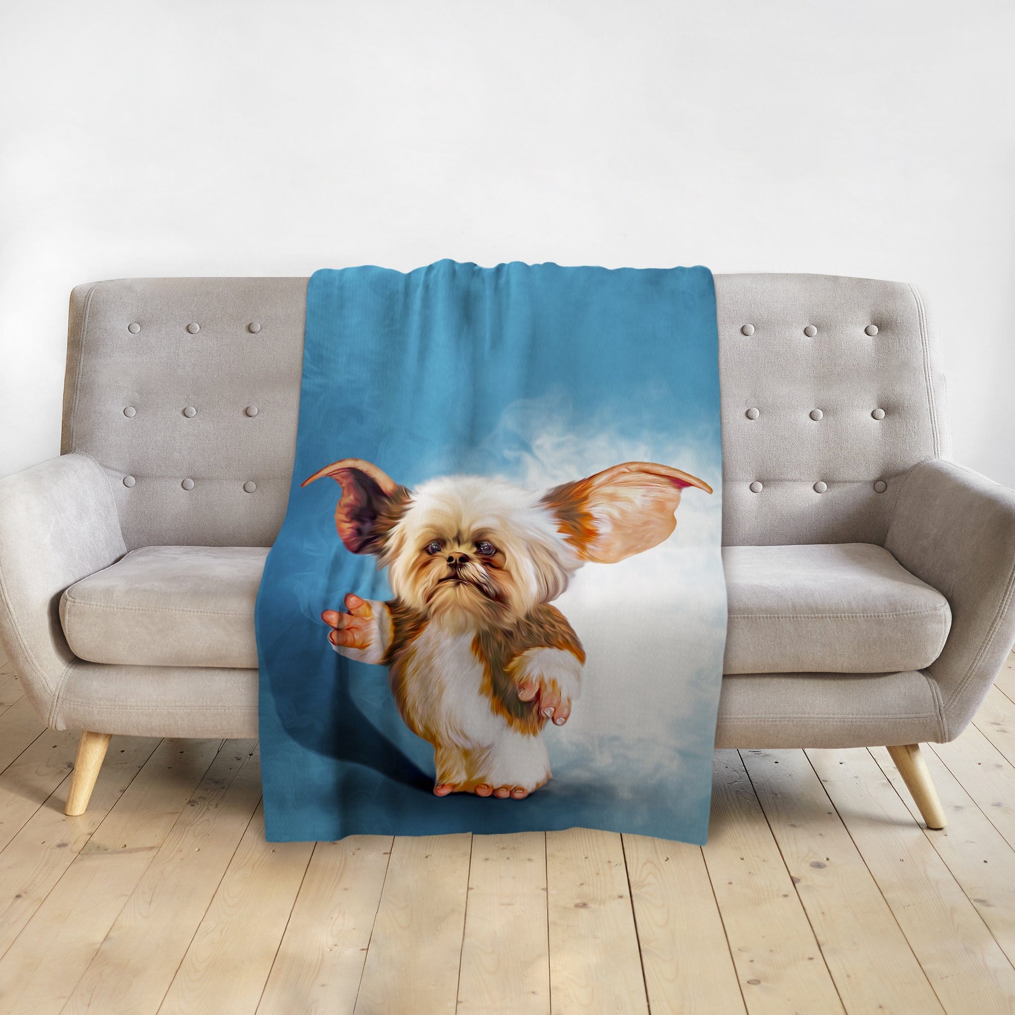 Personalized pet blanket with a Doggovinci-style portrait of a Shih Tzu dog with large ears.