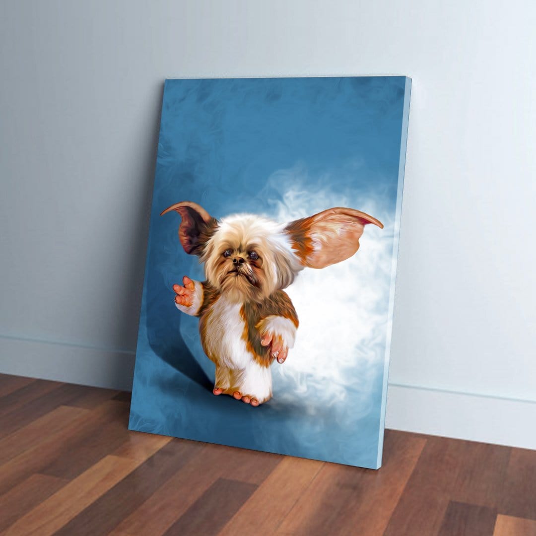 Personalized 'Gizmo Doggo' pet canvas featuring a Shih Tzu with large ears on a blue background.