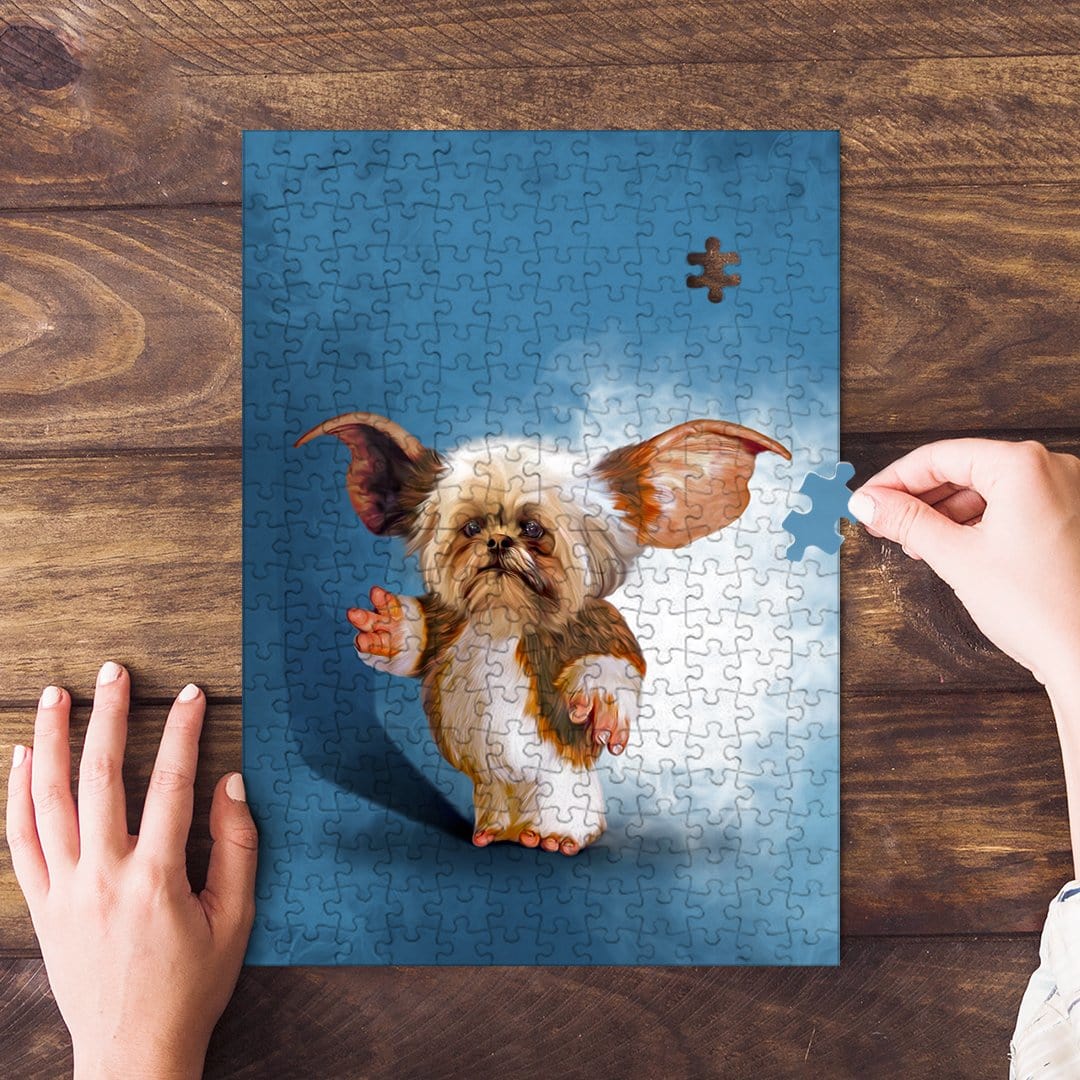 Personalized pet puzzle featuring a Shih Tzu dog in a "Gizmo" cartoon style, being assembled on wood.