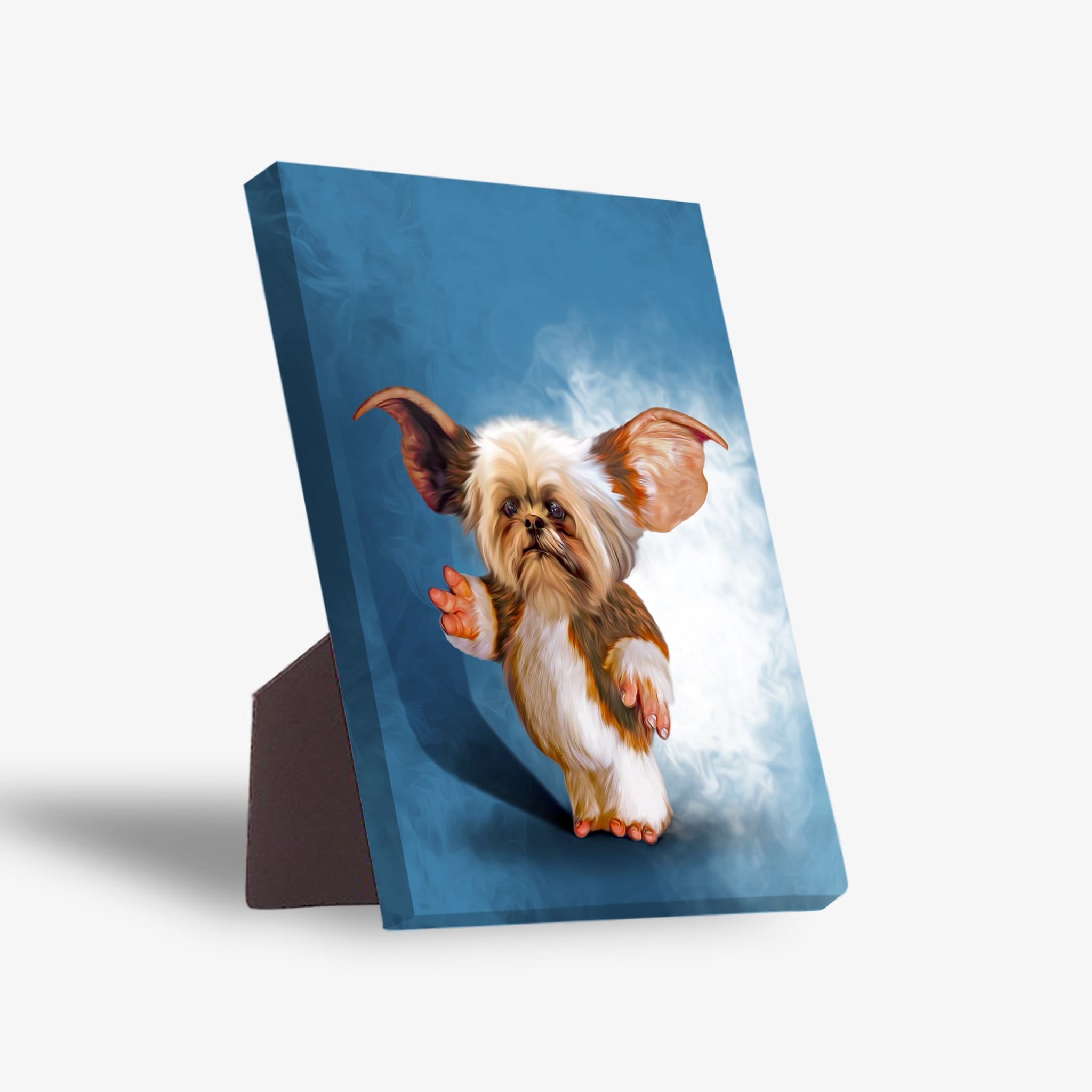 Personalized pet standing canvas featuring a Shih Tzu in a Gizmo-inspired portrait on a blue background.