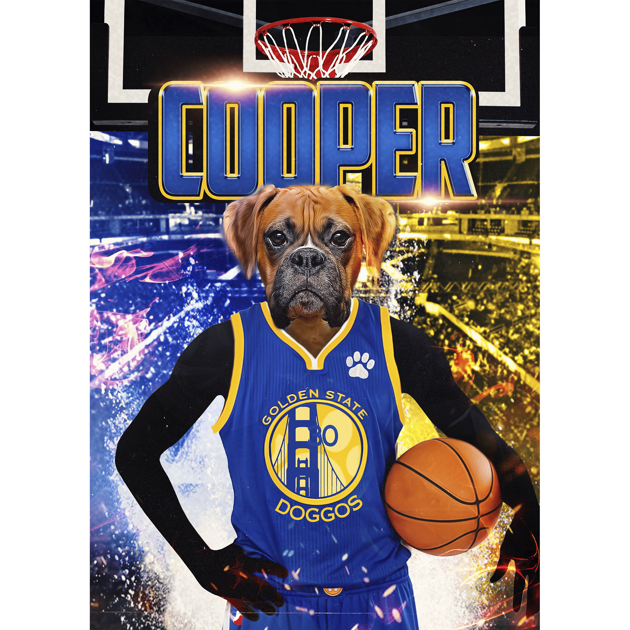 Personalized digital portrait of a boxer dog in a blue Golden State Doggos basketball jersey.