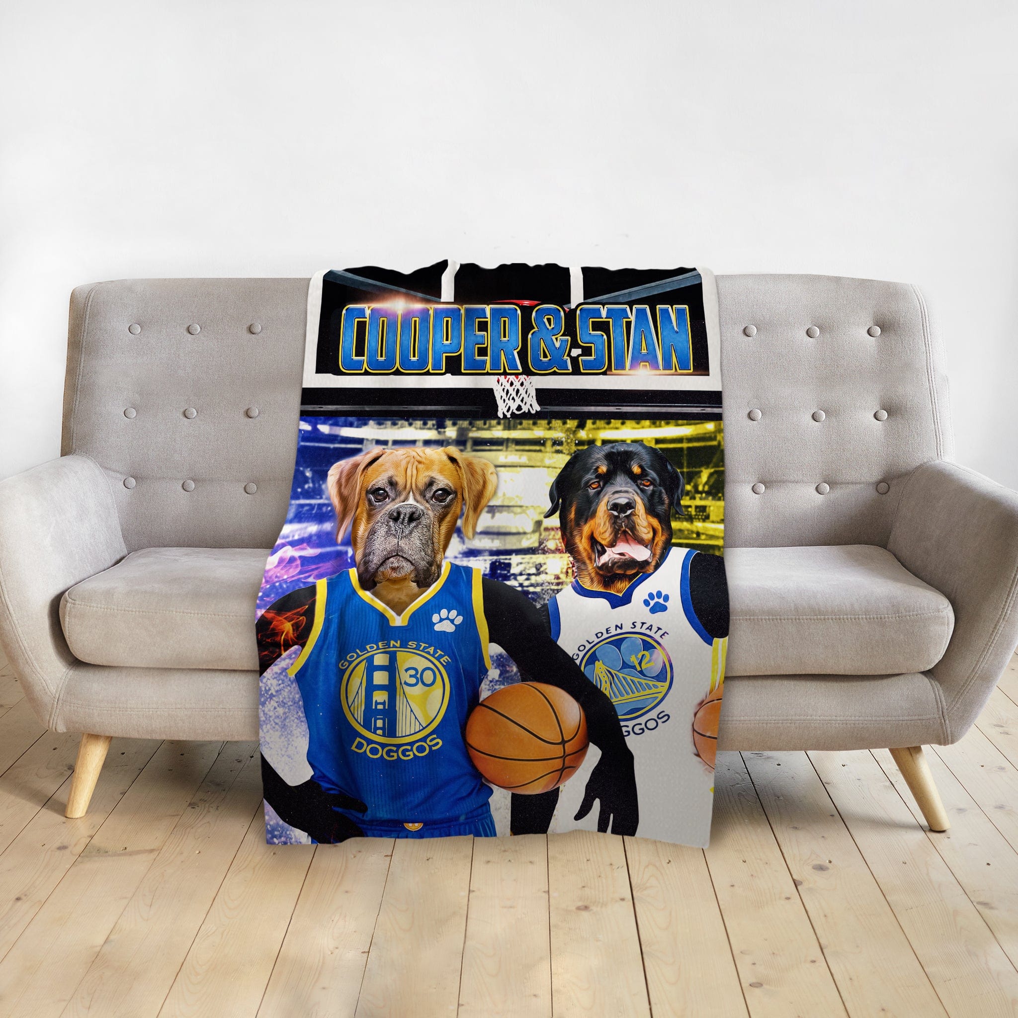 Personalized Golden State Doggos blanket with two dogs in basketball jerseys, "Cooper & Stan" text.