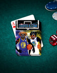 Personalized playing cards featuring two pets as basketball players, a boxer and a rottweiler, on a green felt table.