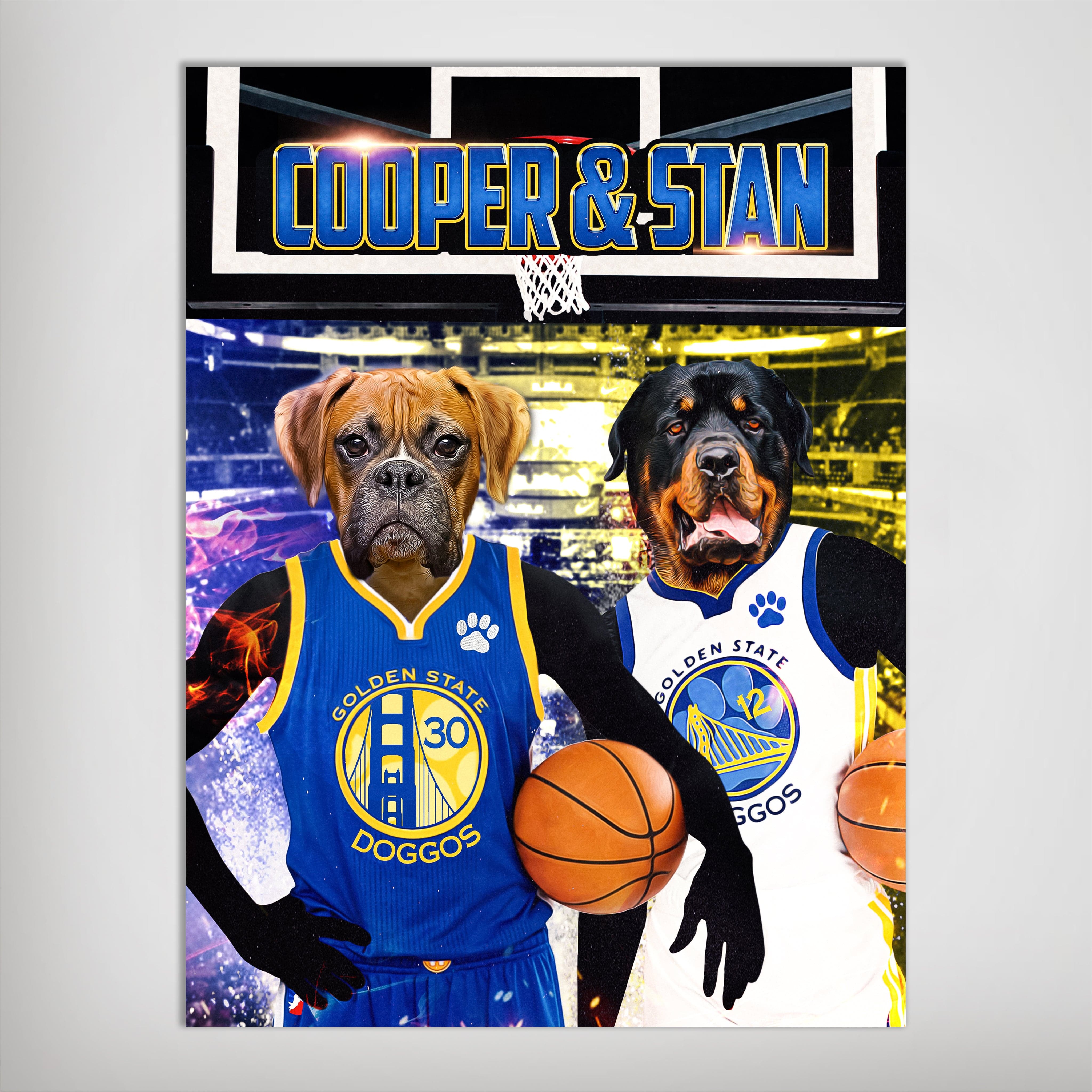 Personalized Golden State Doggos poster featuring two pets in basketball jerseys on a court.