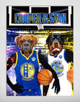 Personalized Golden State Doggos poster featuring two pets in basketball jerseys on a court.