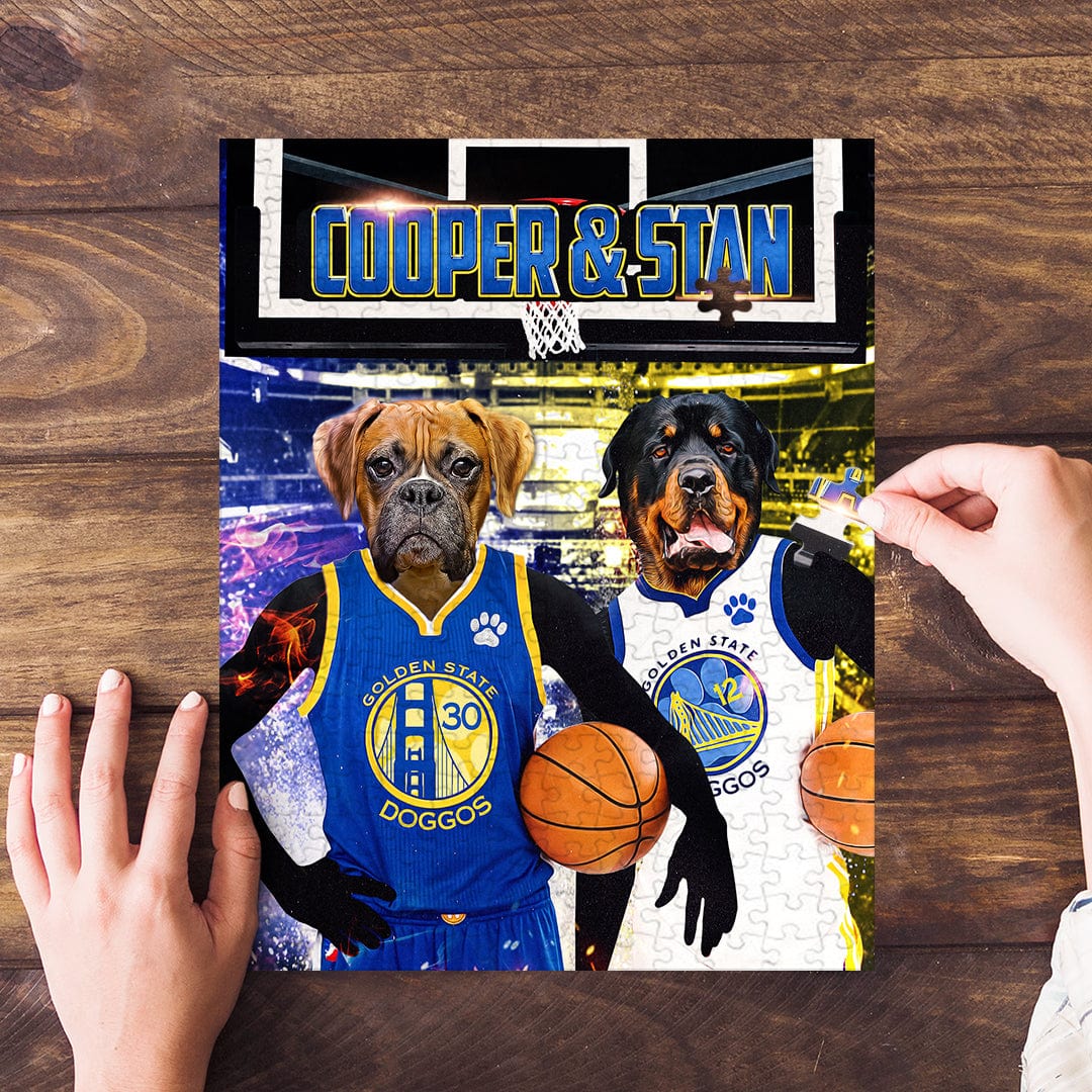 Personalized 2-pet puzzle featuring a Boxer and Rottweiler in Golden State Doggos basketball jerseys.