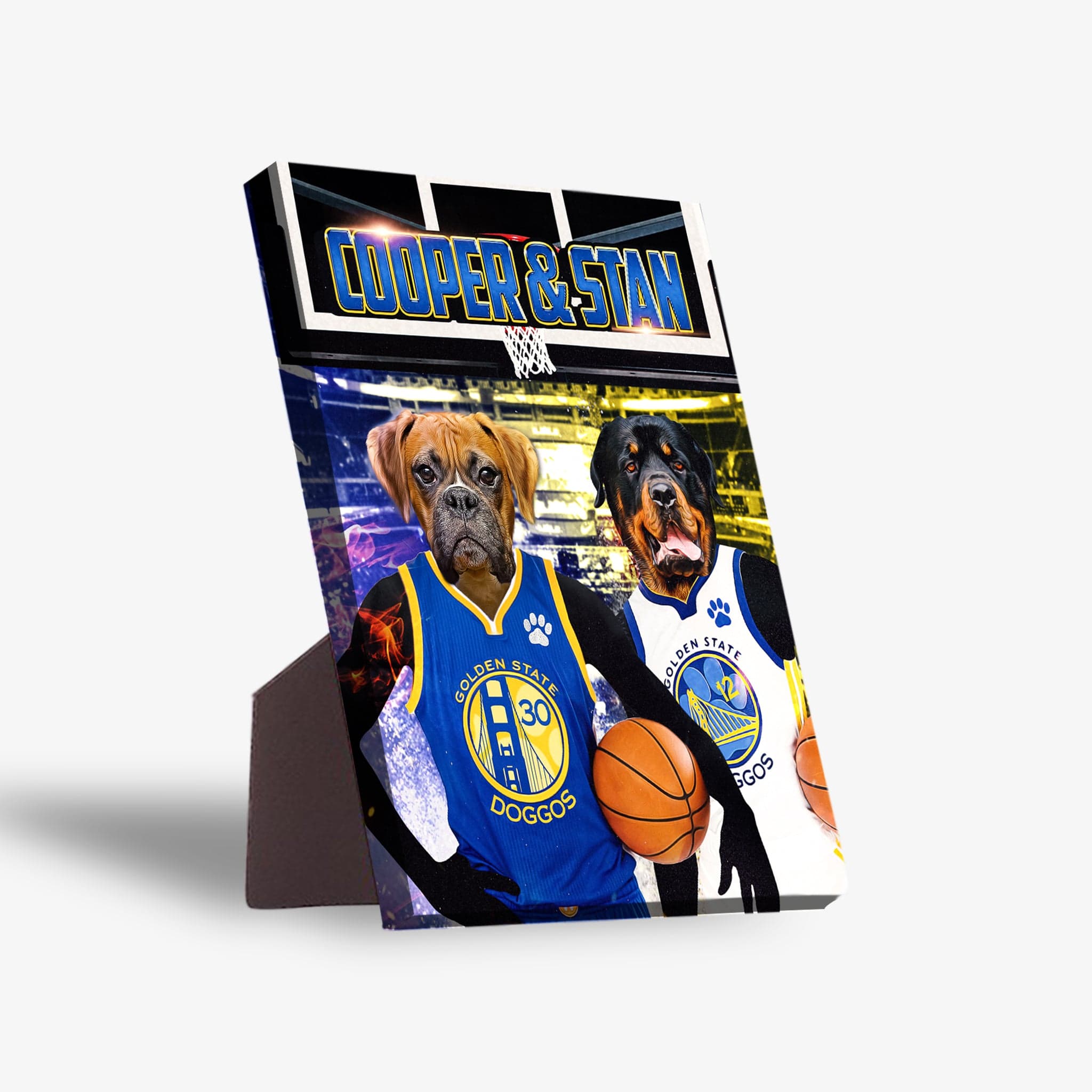 Personalized Golden State Doggos standing canvas featuring two pets as basketball players, a boxer and a rottweiler.