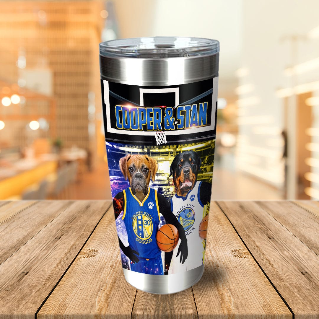 Personalized stainless steel tumbler with two dogs in Golden State basketball jerseys.