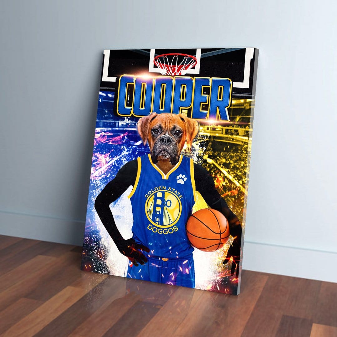 Personalized pet canvas featuring a boxer dog in a blue Golden State Doggos basketball jersey, holding a ball.