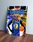 Personalized pet canvas featuring a boxer dog in a blue Golden State Doggos basketball jersey, holding a ball.